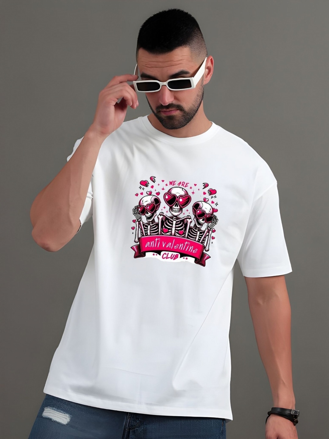

SZN Men Graphic Printed Round Neck Cotton Oversized T-shirt, White