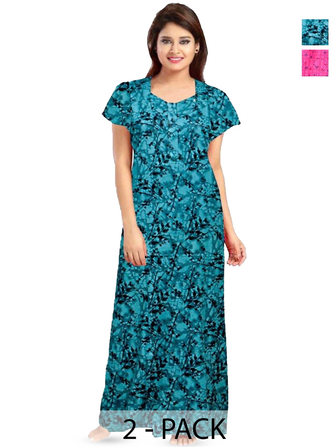

PR PINK ROYAL Women Pack Of 2 Printed Cotton Maxi Nighty, Green