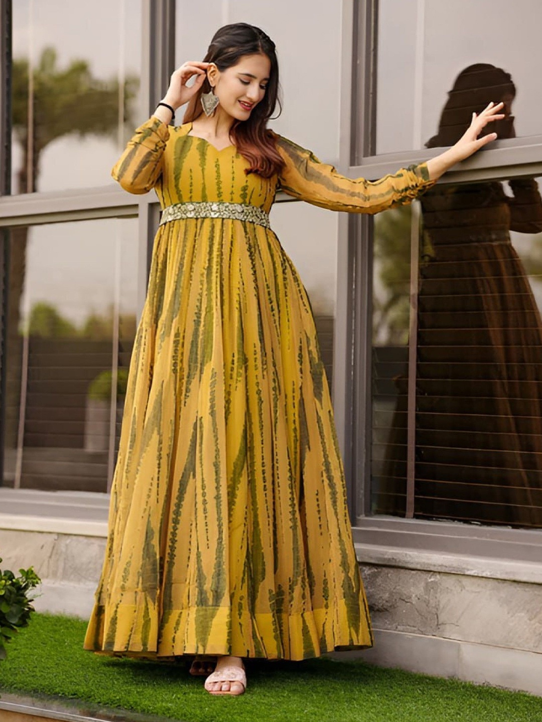 

Femvy Women Printed Maxi Ethnic Dress, Yellow