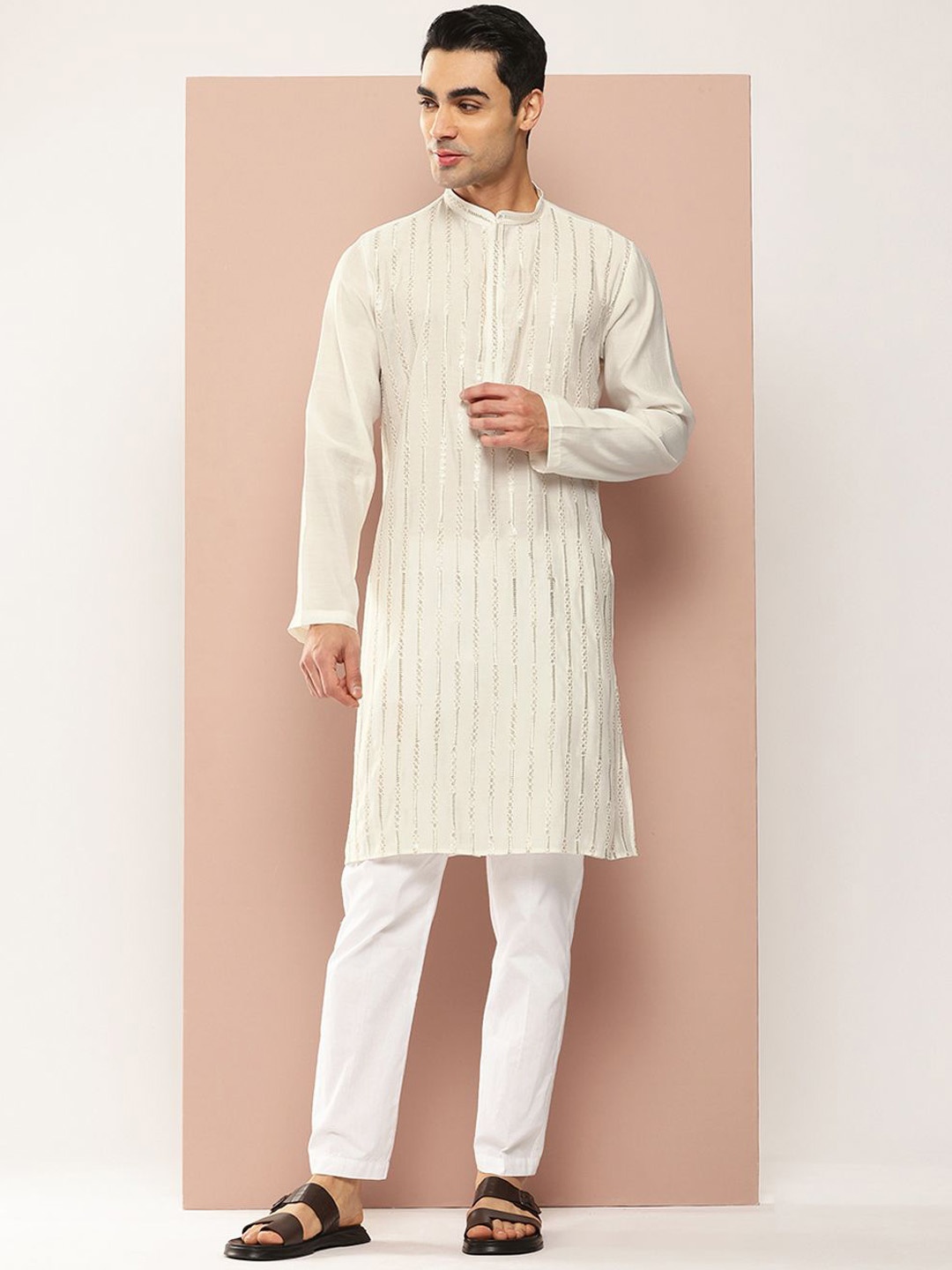 

See Designs Striped Embroidered Sequinned Mandarin Collar Chanderi Silk Straight Kurta, Off white