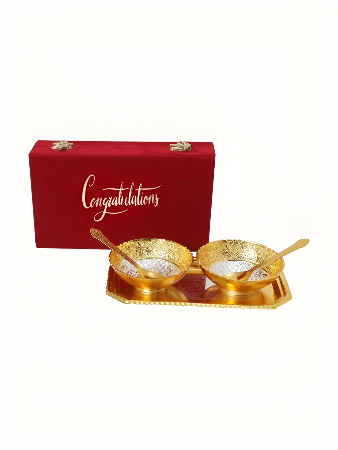 

INTERNATIONAL GIFT Silver & Gold-Toned 6 PCS Bowl Set With Tray & Spoons With Velvet Box, Yellow