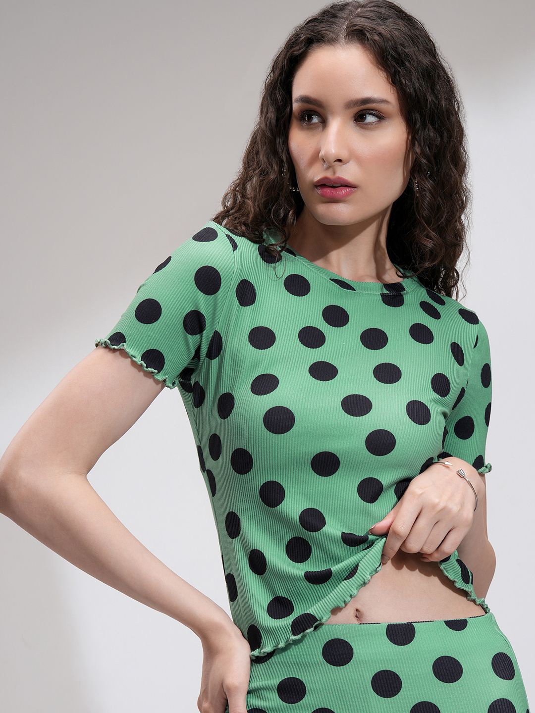 

Tokyo Talkies Women Polka Dot Printed Ribbed Cropped Top, Green