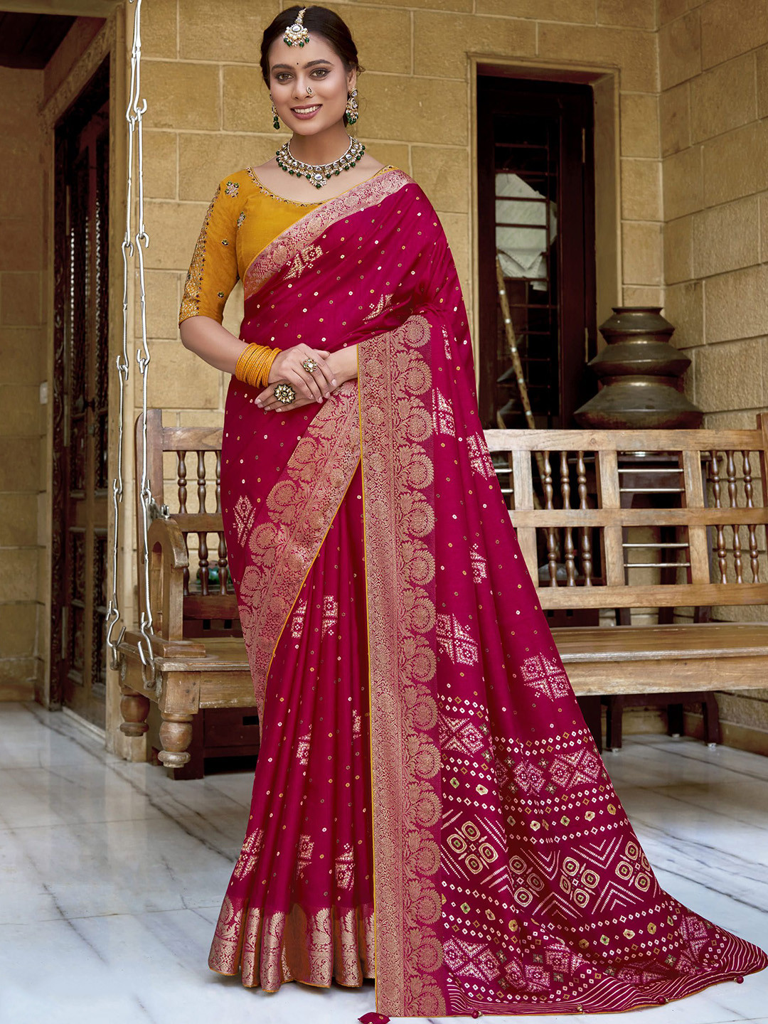 

A.V.M. SILK MILLS Bandhani Zari Pure Georgette Saree, Pink