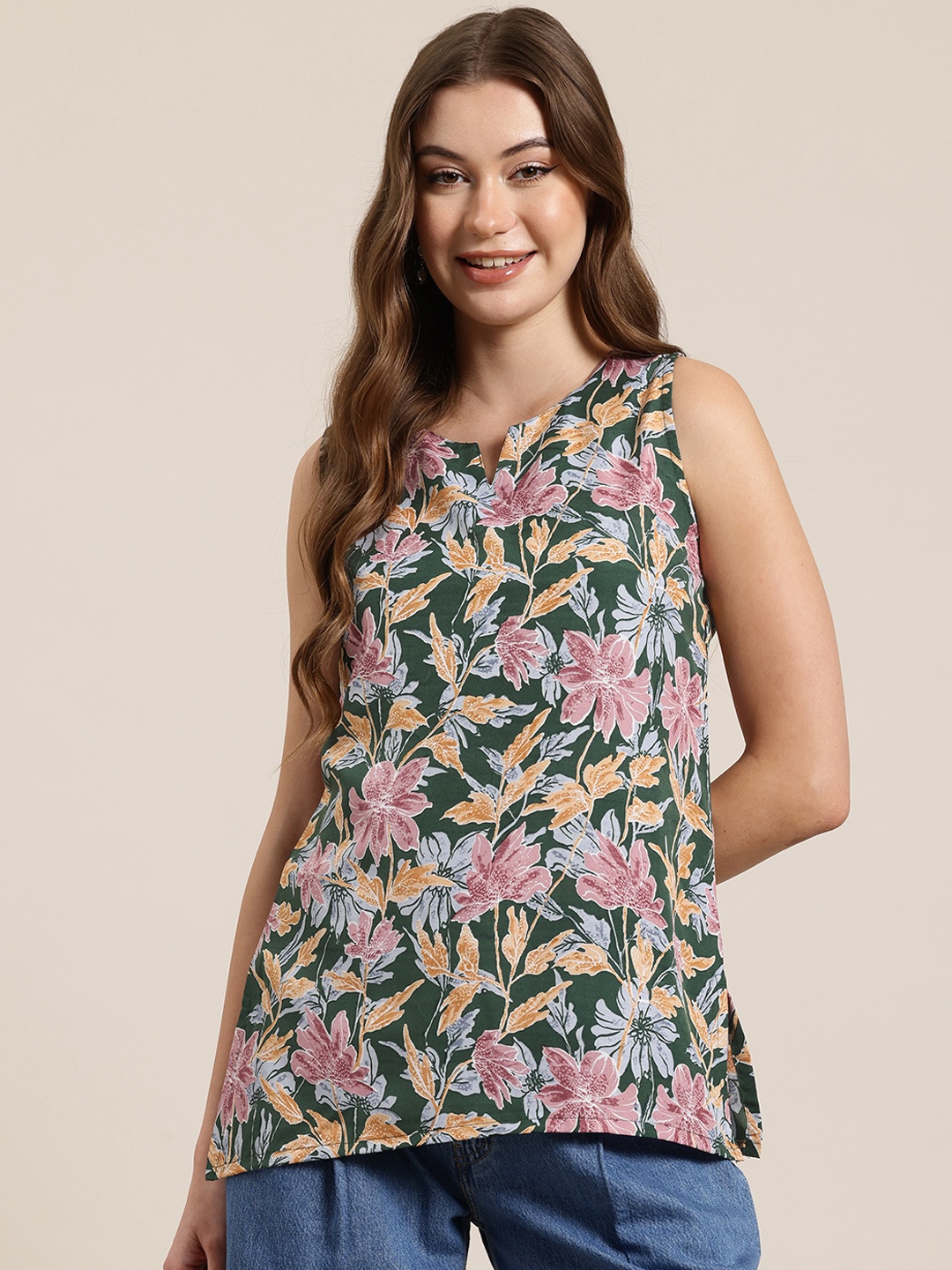

HERE&NOW Floral Printed Straight Kurti, Green