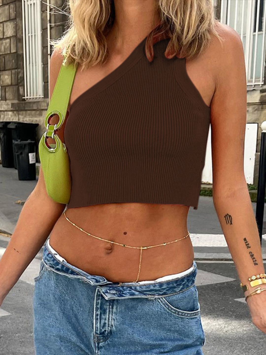 

StyleCast Women One Shoulder Tank Crop Top, Brown