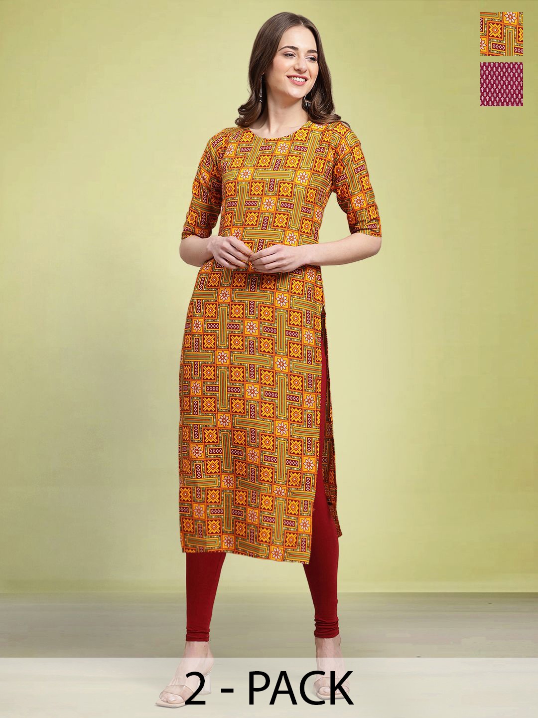 

Moda Rapido Pack of 2 Printed Round Neck Straight Kurtas, Mustard