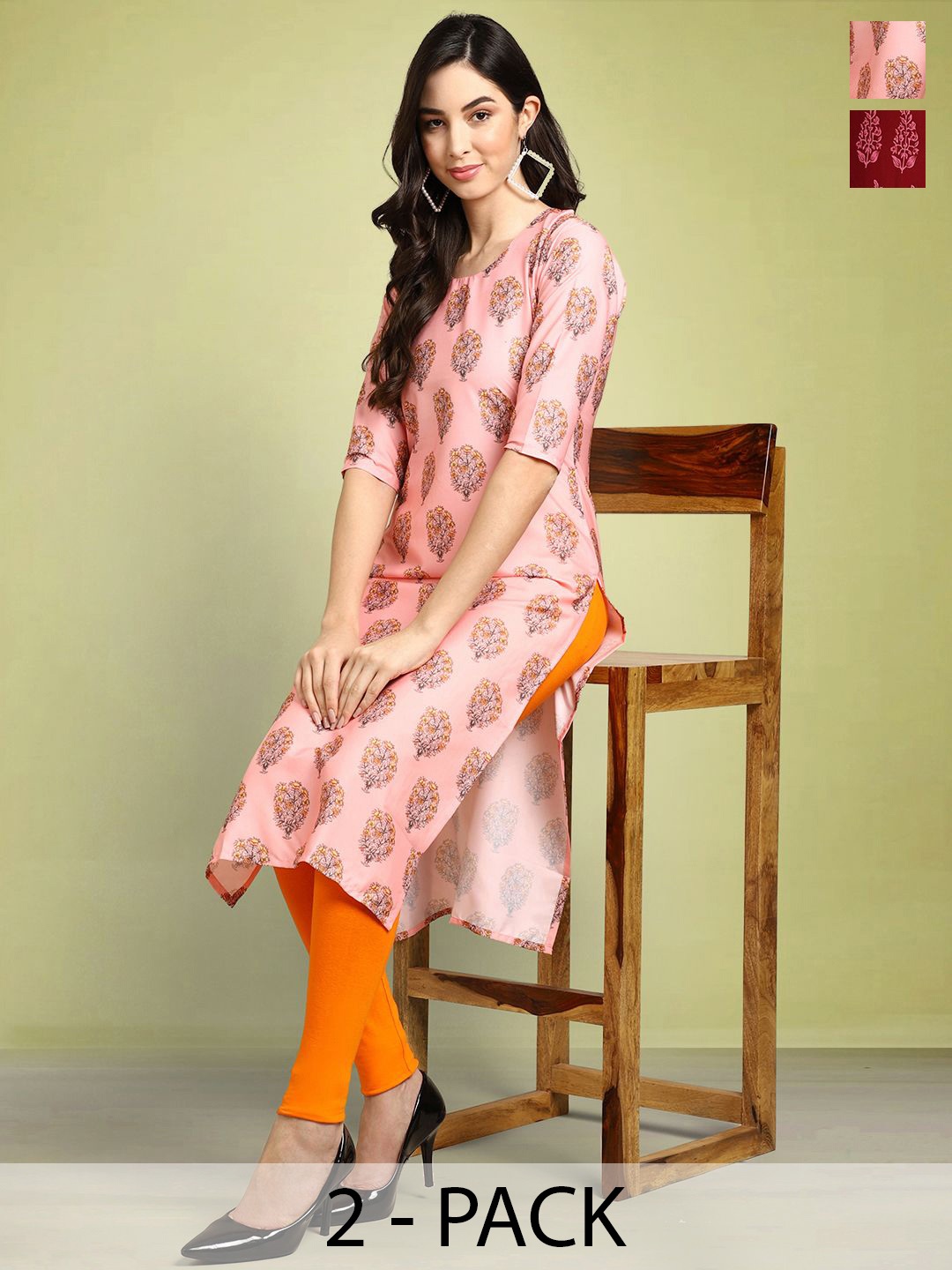 

Moda Rapido Set of 2 Printed Round Neck Straight Kurtas, Pink