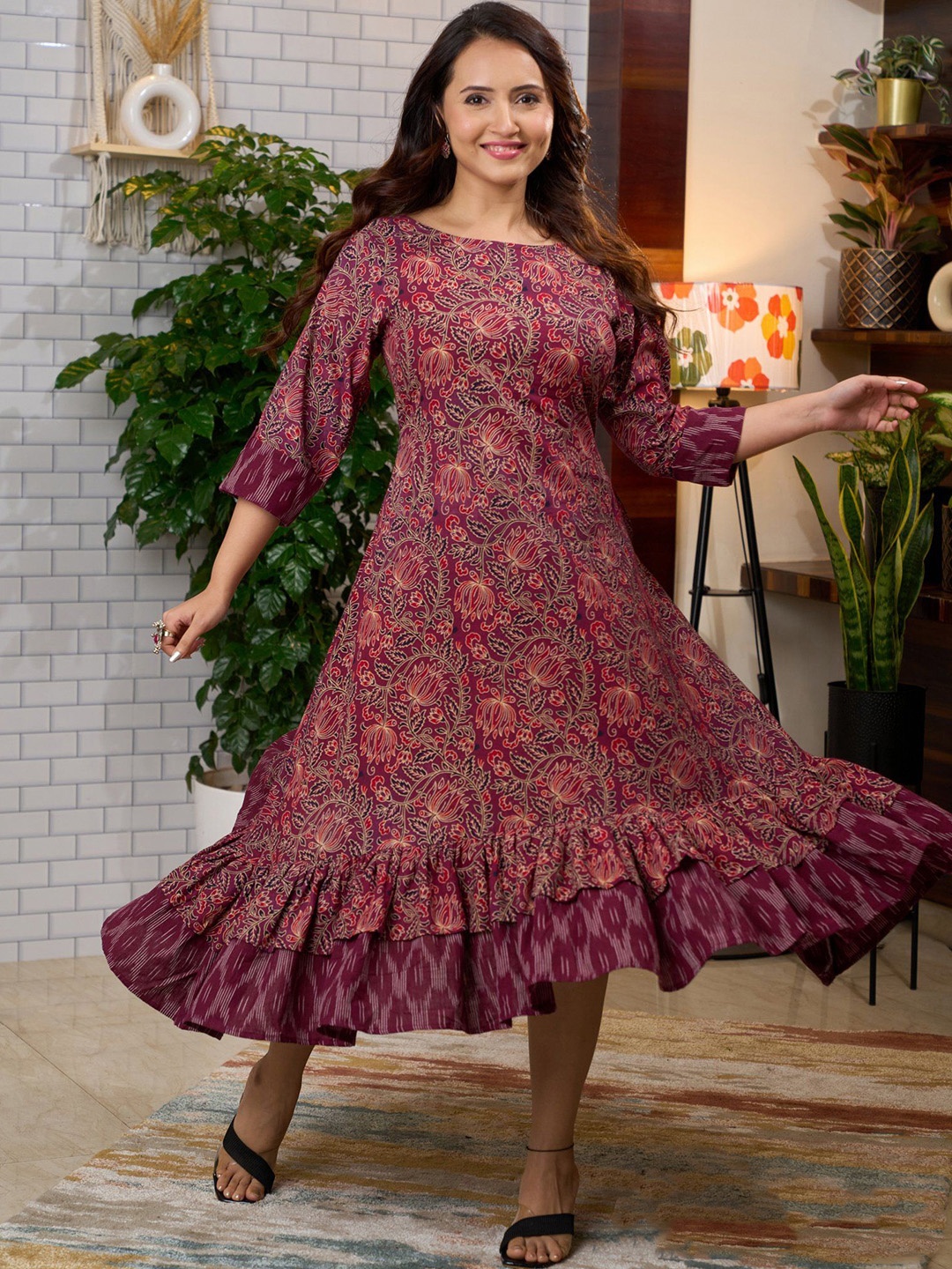 

Prasam Indie Florals Printed Fit and Flare Midi Dress, Maroon