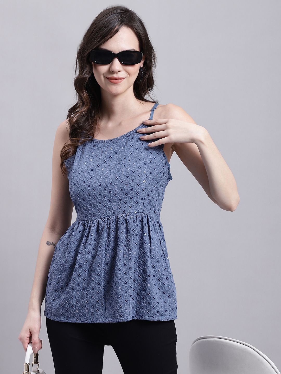 

JAINISH Women Self Design Embroidered Peplum Top, Grey