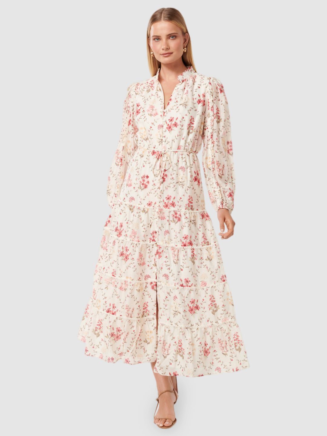 

Forever New Women Floral Printed Puff Sleeve A-Line Dress, White