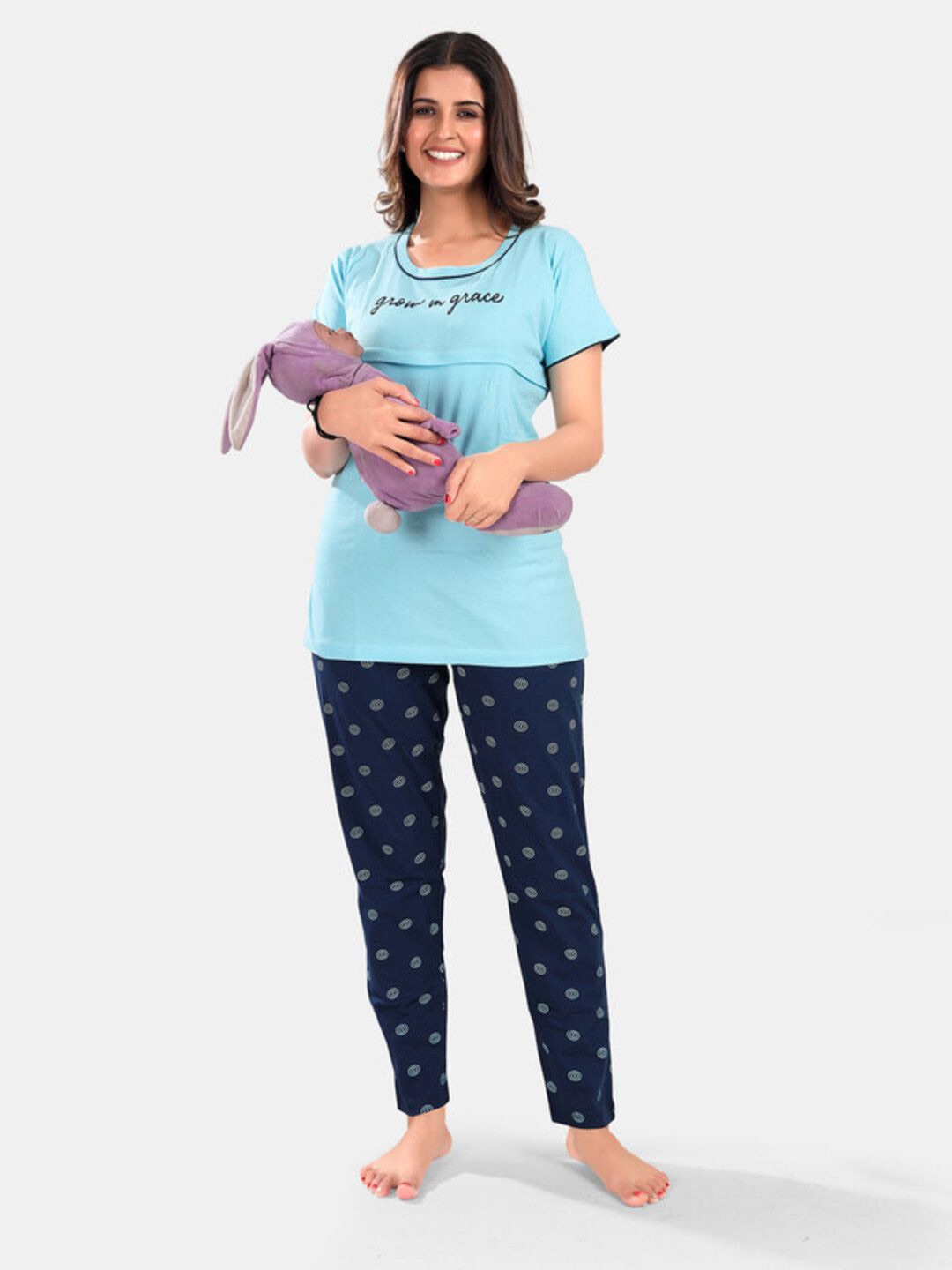 

SWEET MOON Typography Printed Round Neck Maternity T-Shirt With Pyjama, Blue