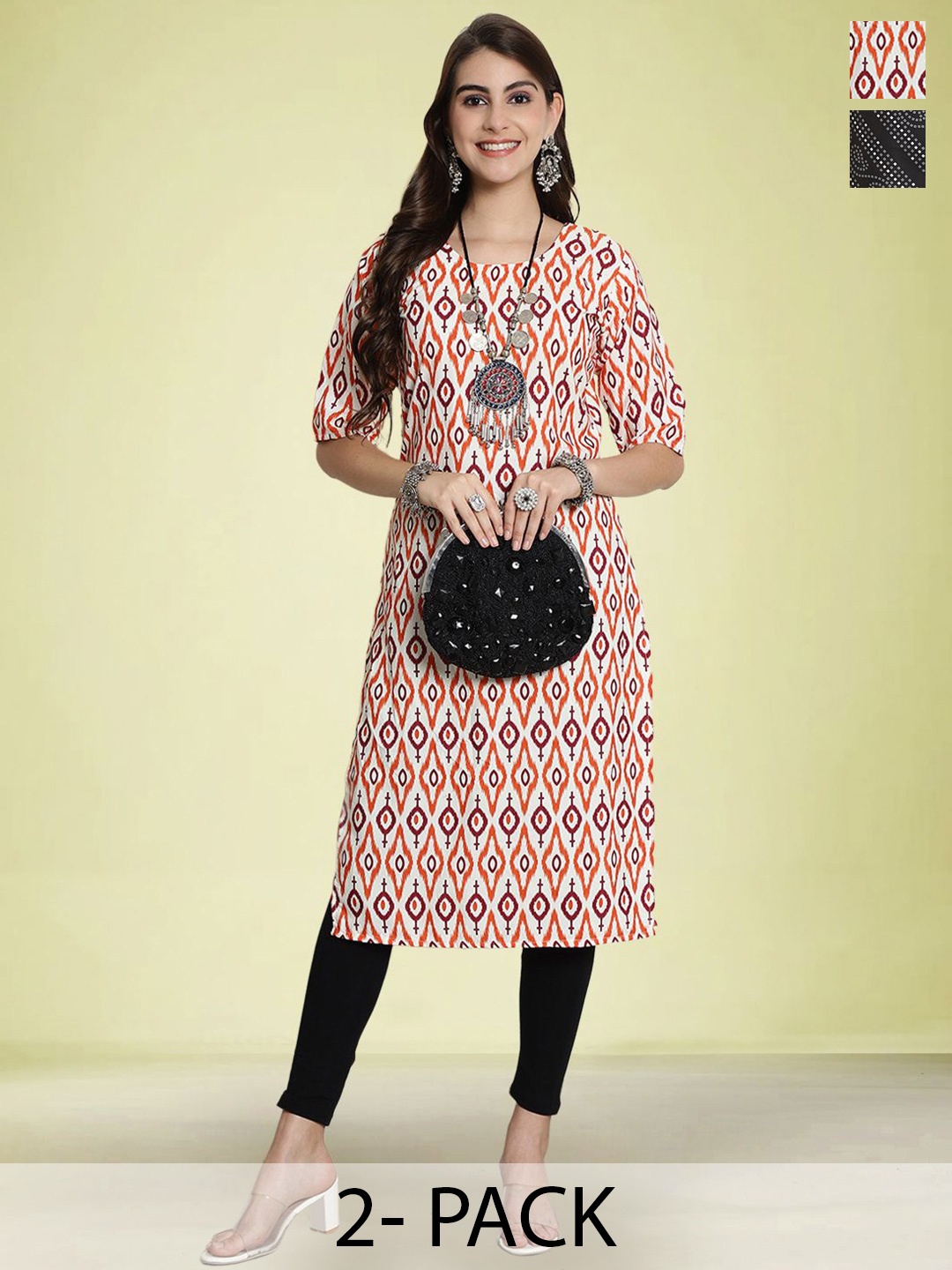 

Moda Rapido Set of 2 Ethnic Printed Round Neck Straight Kurtas, White