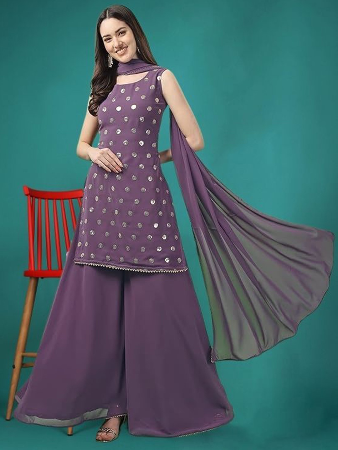 

PARROT CREATION Geometric Embroidered Sequinned Georgette Kurti with Sharara And Dupatta, Lavender