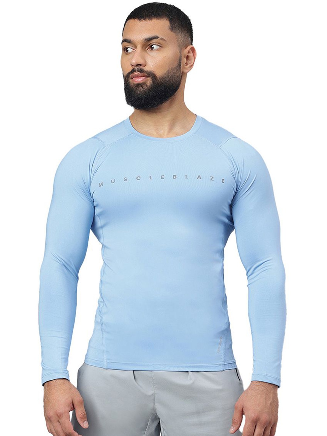 

MuscleBlaze Unisex Typography Printed Round Neck Compression T-shirt, Blue
