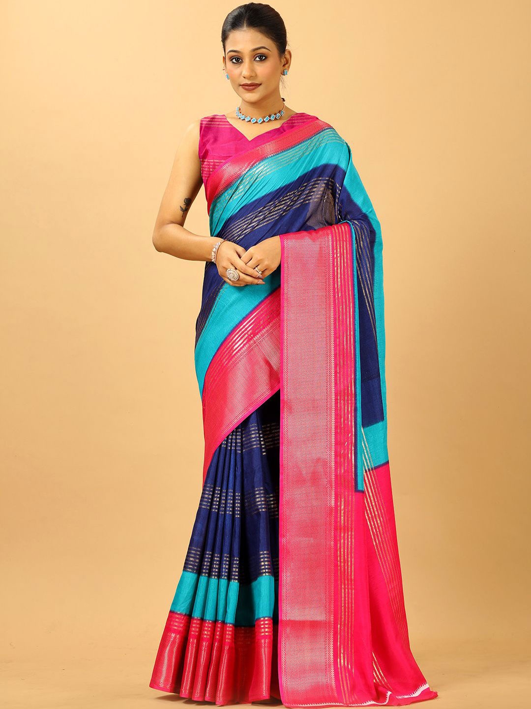

NIRMAL CREATION Colourblocked Zari Saree, Rose