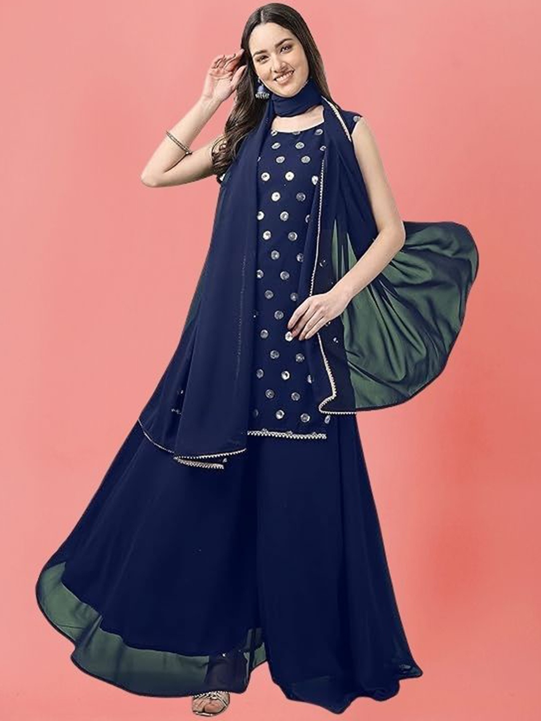 

PARROT CREATION Geometric Embroidered Sequinned Georgette Kurti with Sharara And Dupatta, Navy blue