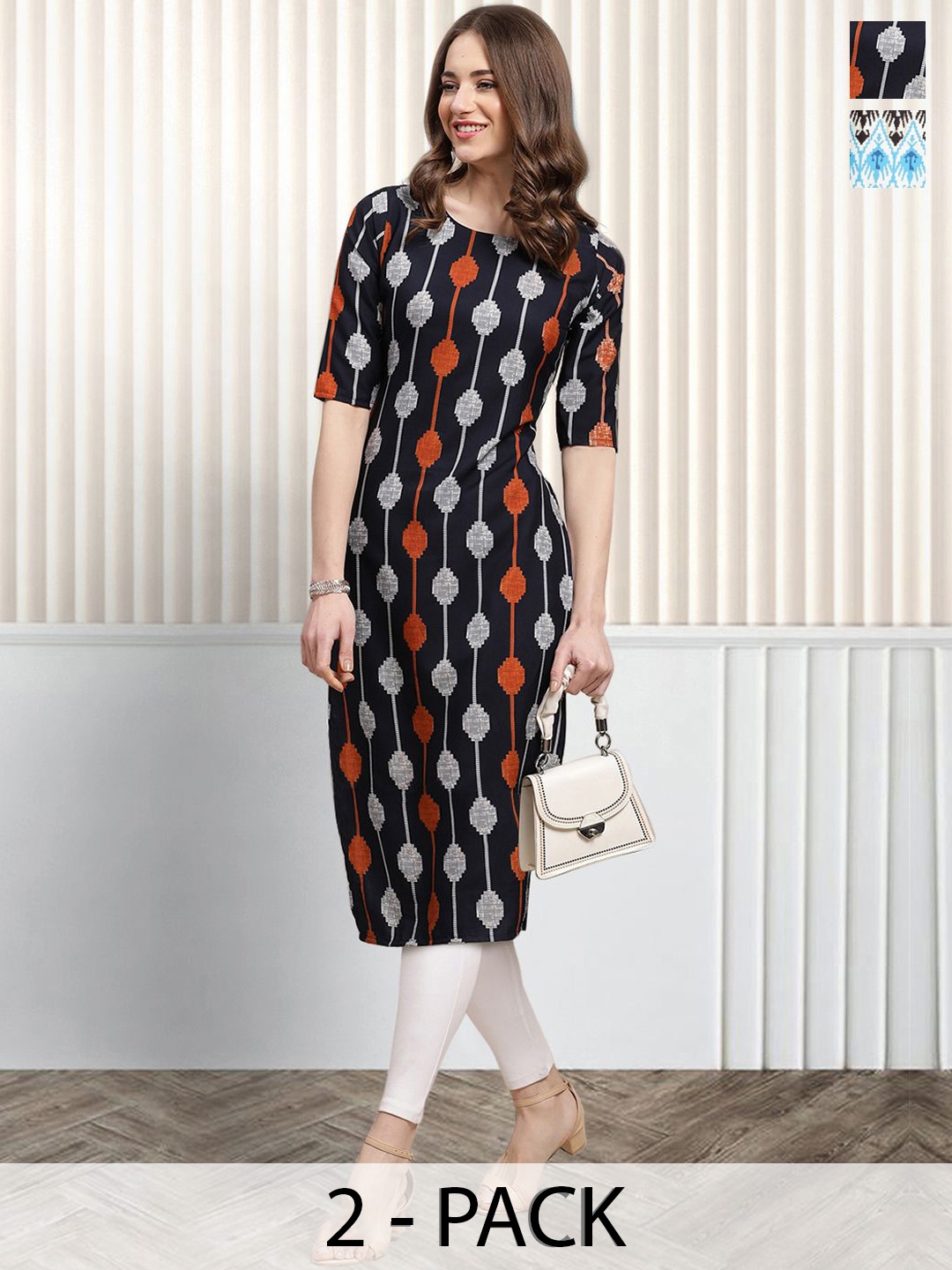 

Moda Rapido Set of 2 Ethnic Printed Round Neck Straight Kurtas, Black
