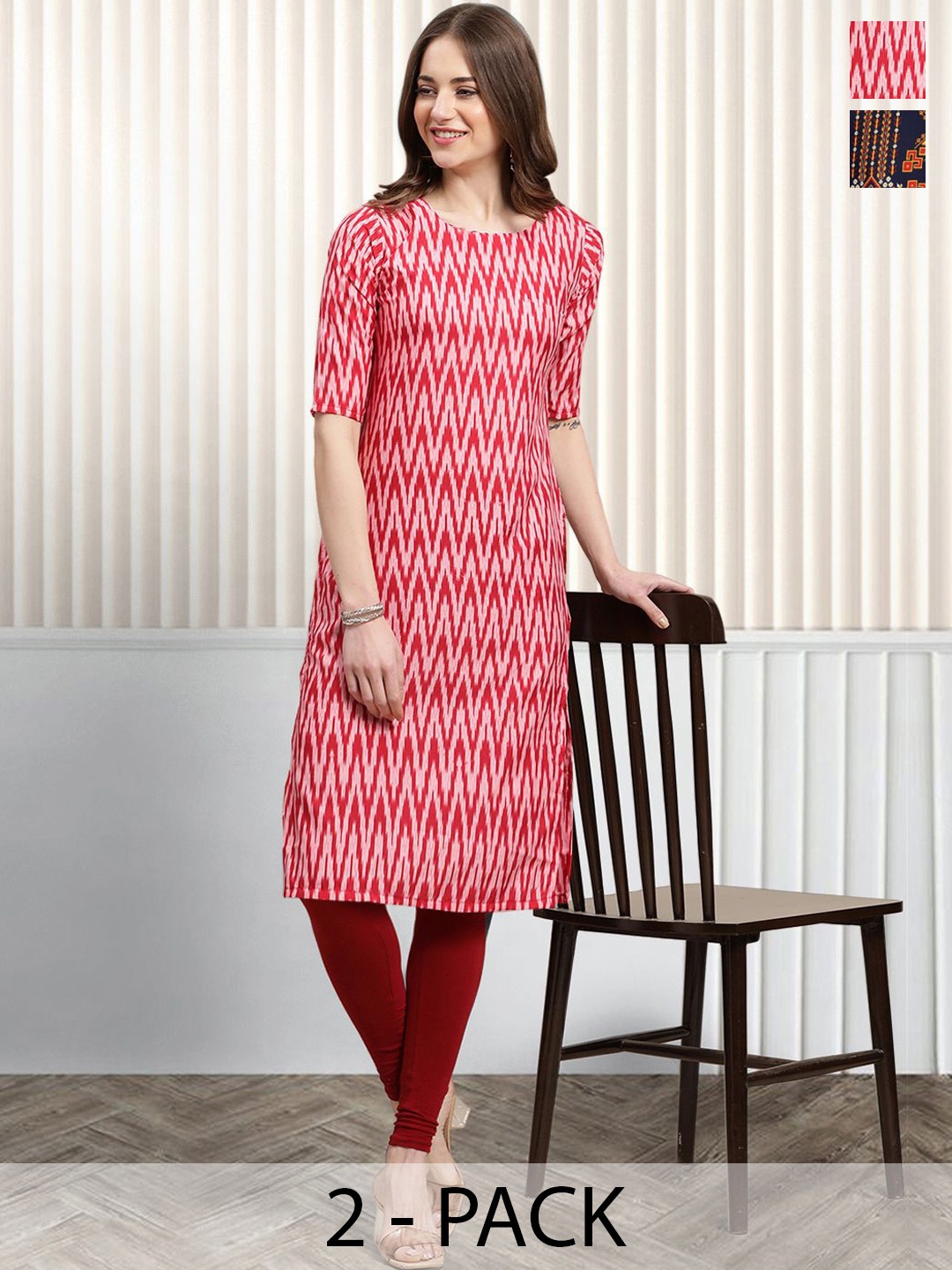 

Moda Rapido Pack of 2 Printed Round Neck Straight Kurtas, Pink