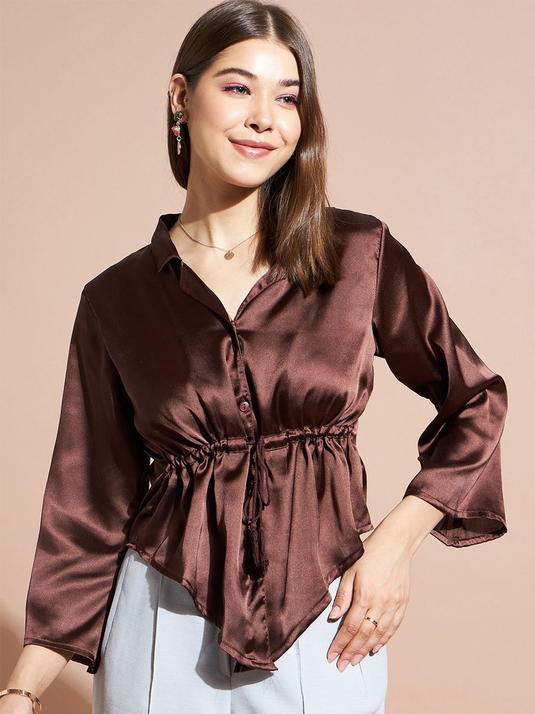 

DressBerry Flared Sleeve Cinched Waist Crop Top, Brown