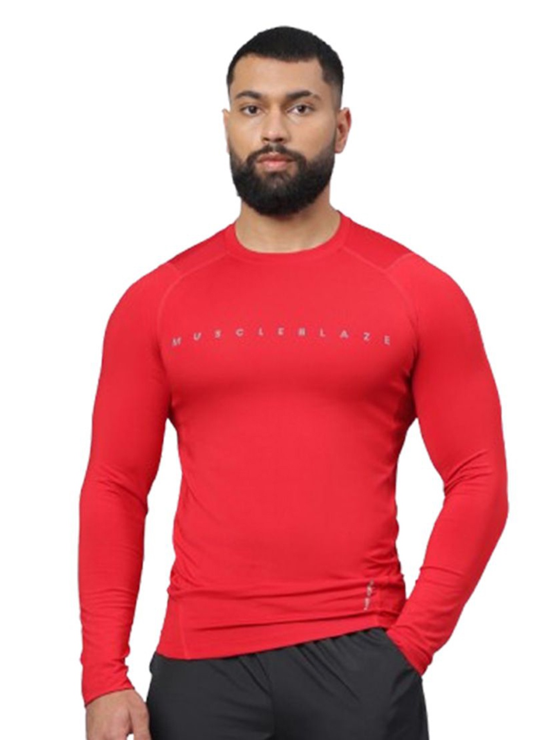 

MuscleBlaze Unisex Typography Printed Round Neck Compression T-shirt, Red