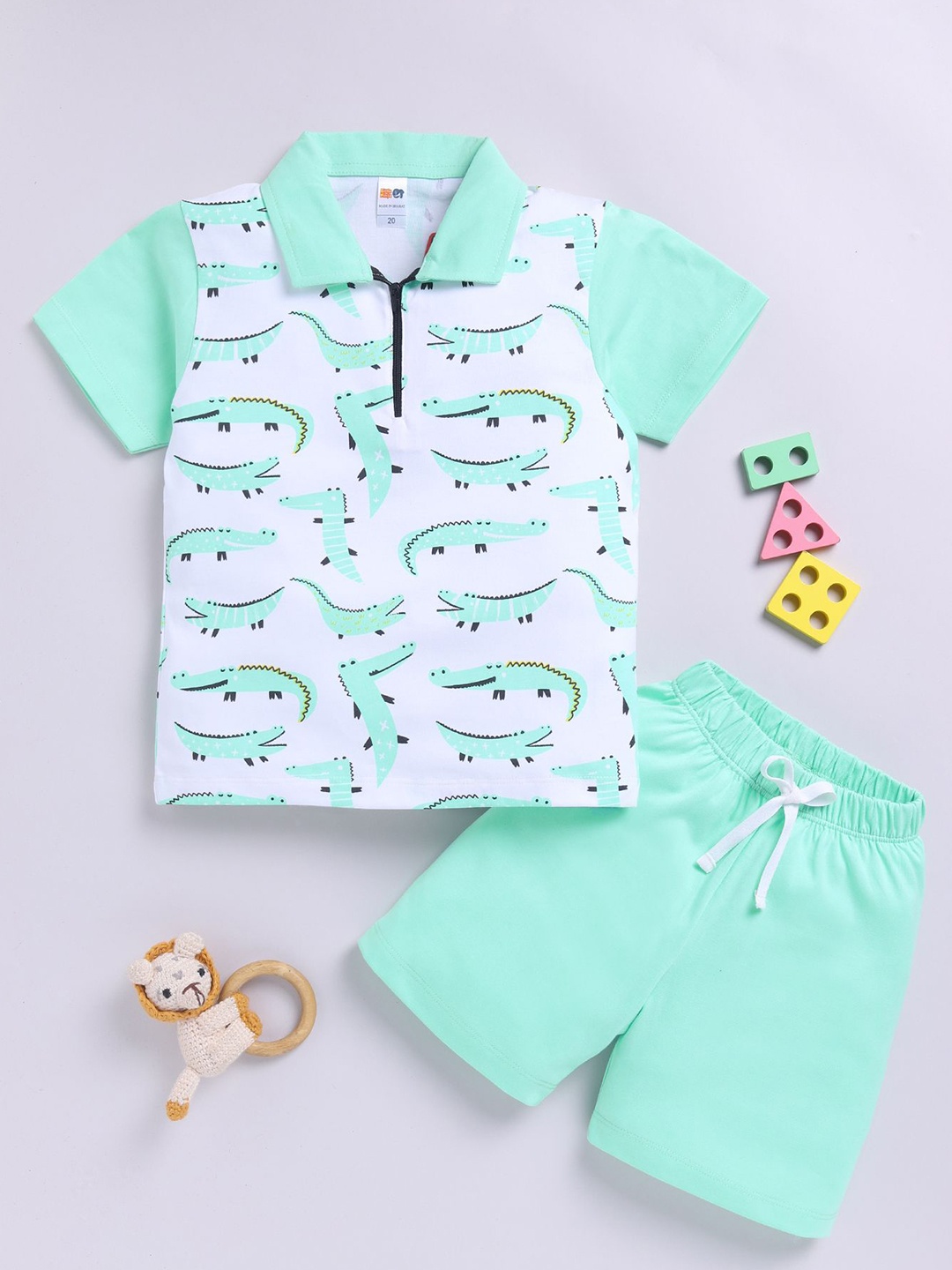 

LITTLE NINJA Boys Printed Polo Collar Pure Cotton T-Shirt With Shorts, Green