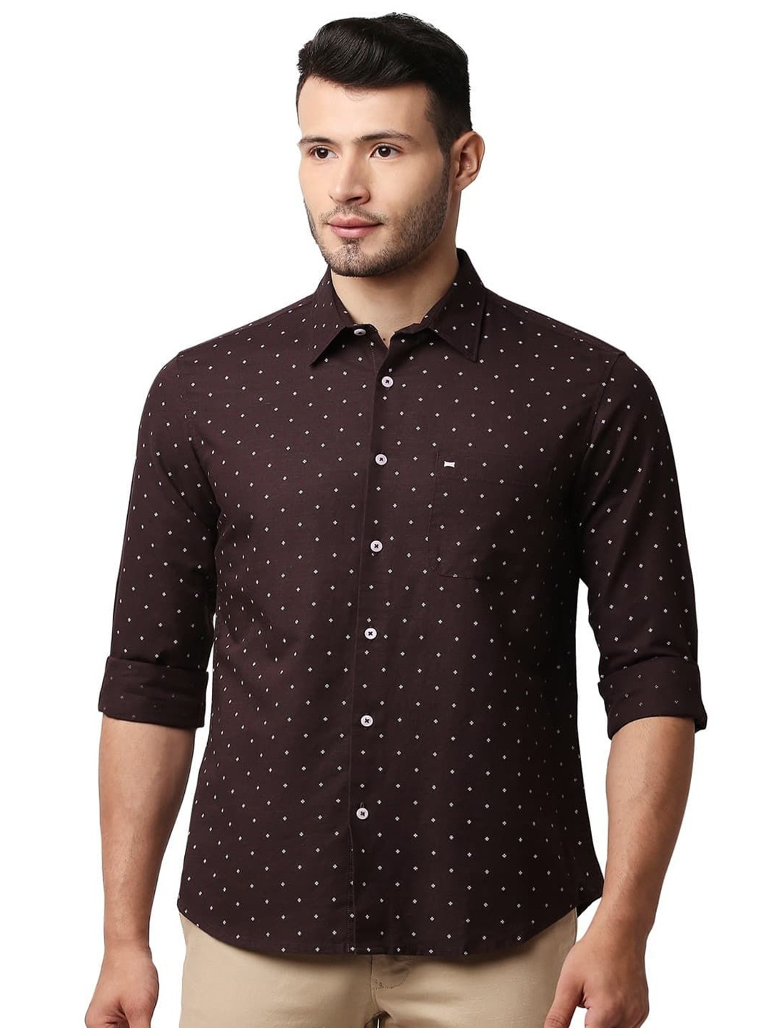 

Basics Men Relaxed Fit Spread Collar Floral Printed Cotton Casual Shirt, Maroon