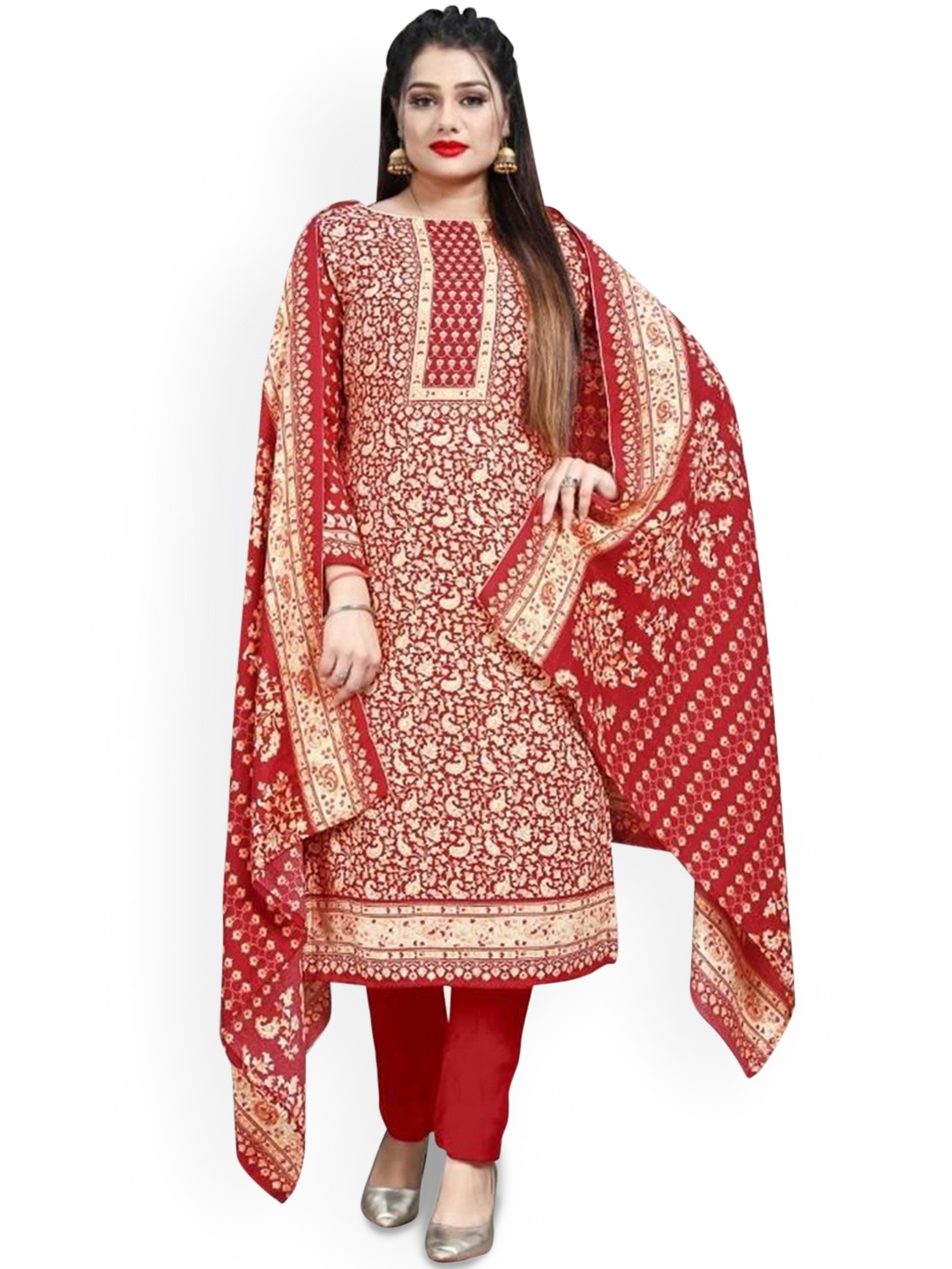 

REET MAHAL Ethnic Motifs Printed Pashmina Unstitched Dress Material, Red