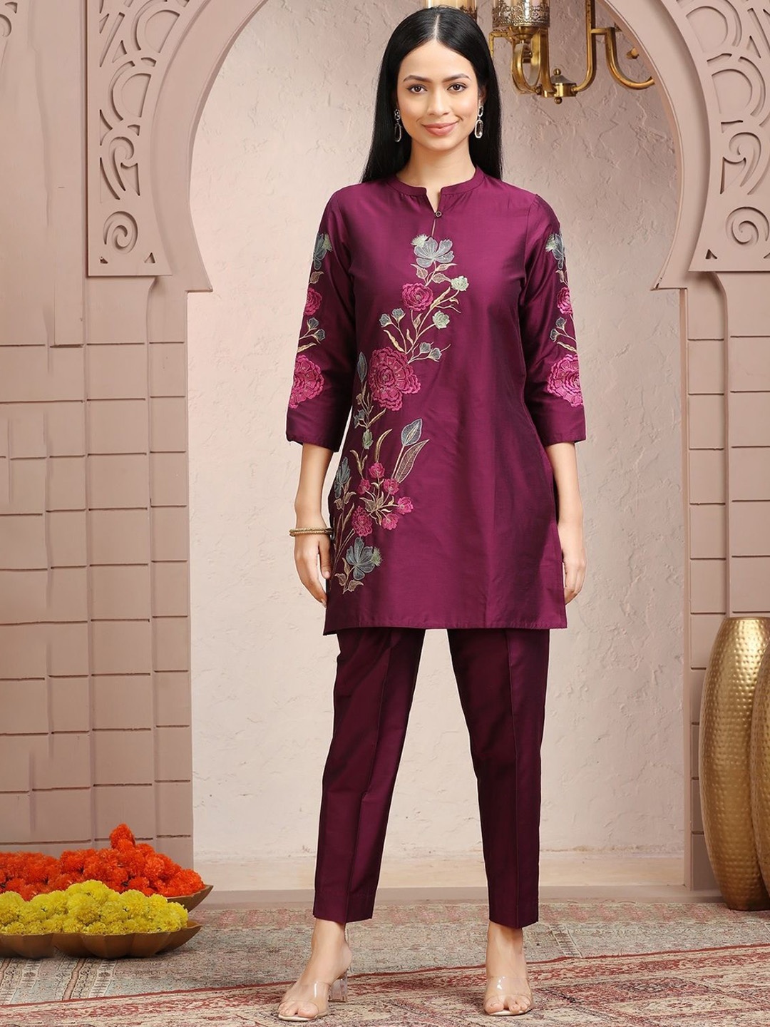 

COTTON CULTURE Floral Embroidered Pure Silk Tunic And Trousers, Purple