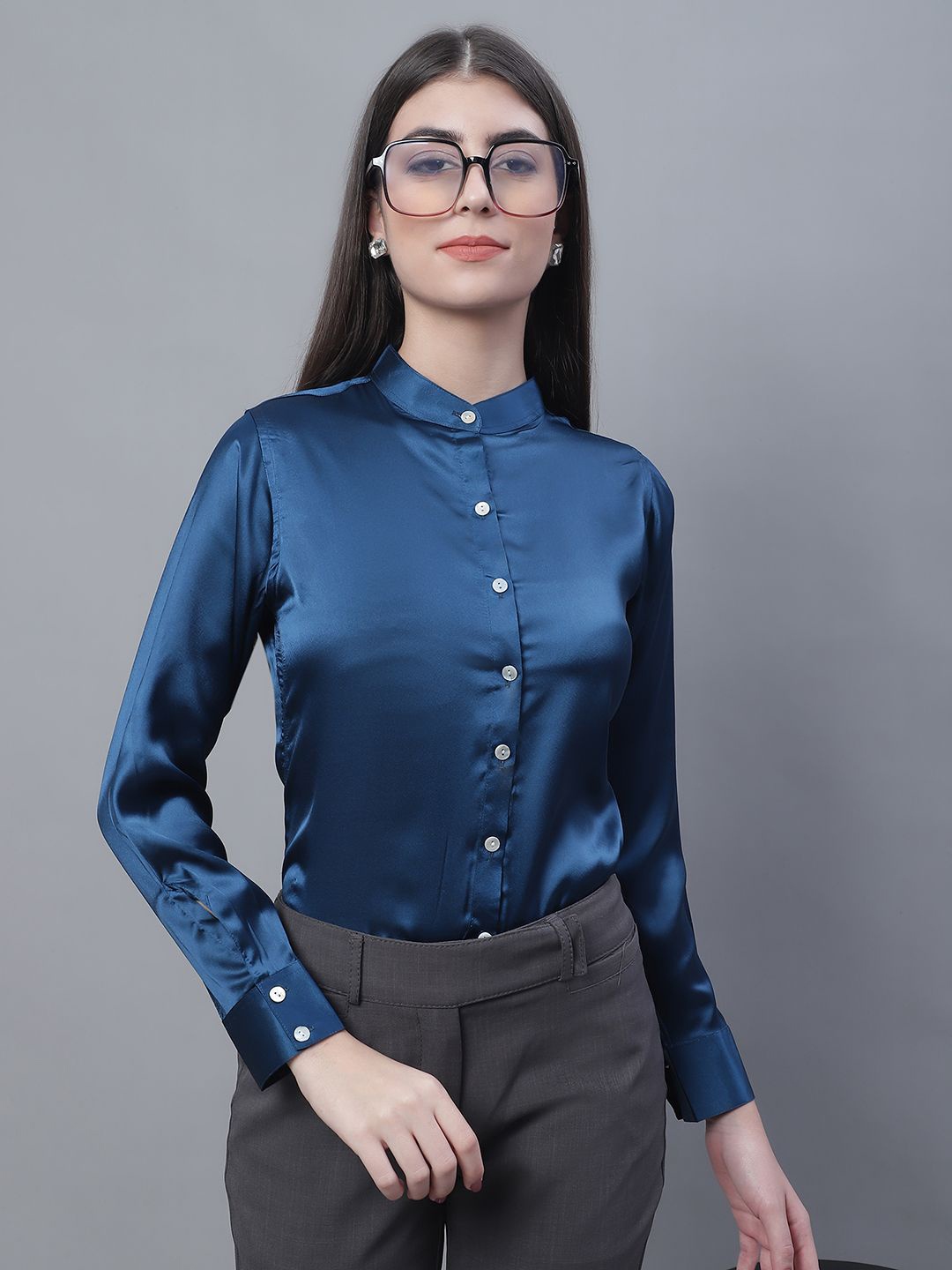 

JAINISH Band Collar Satin Shirt, Blue