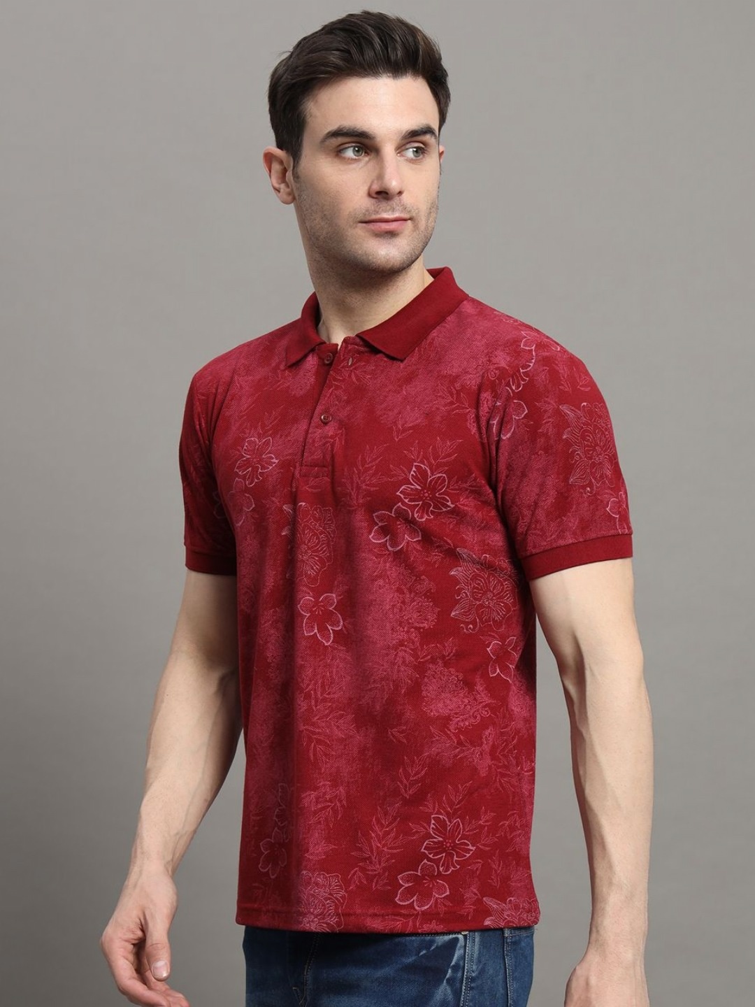 

NYKER Men Floral Printed Polo Collar Cotton T-shirt, Maroon