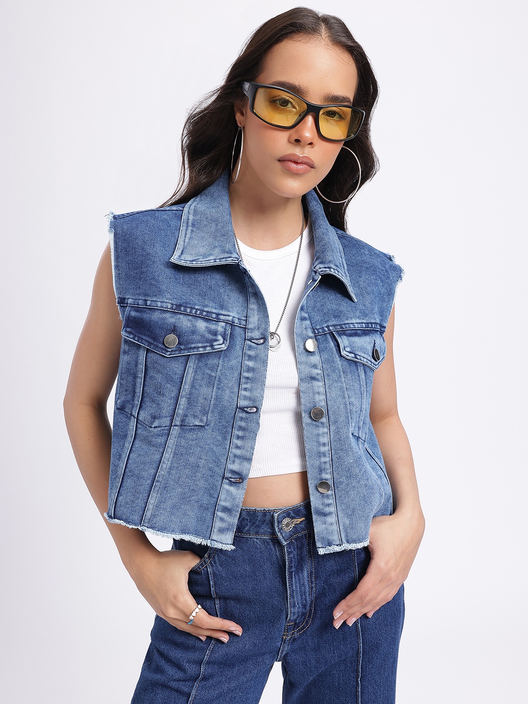 

glitchez Worn-Out Edges Boxy Fit Denim Jacket, Blue