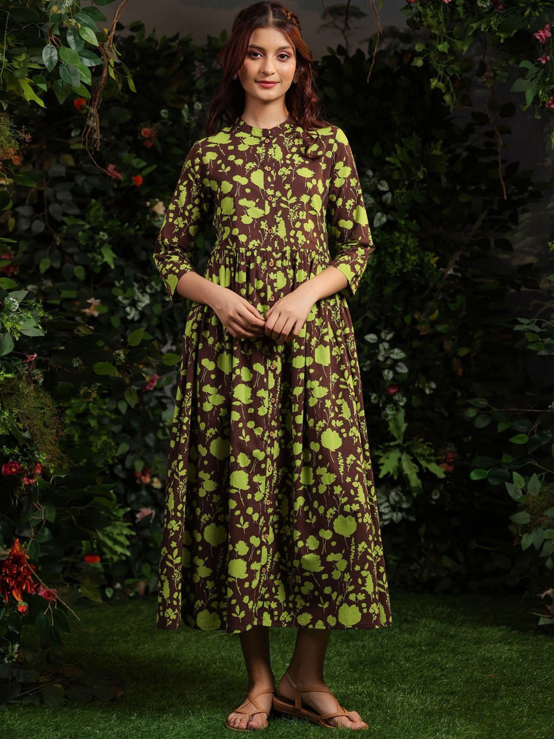 

Anayna Women Floral Printed Cotton Mandarin Collar Maxi Ethnic Dresses, Brown