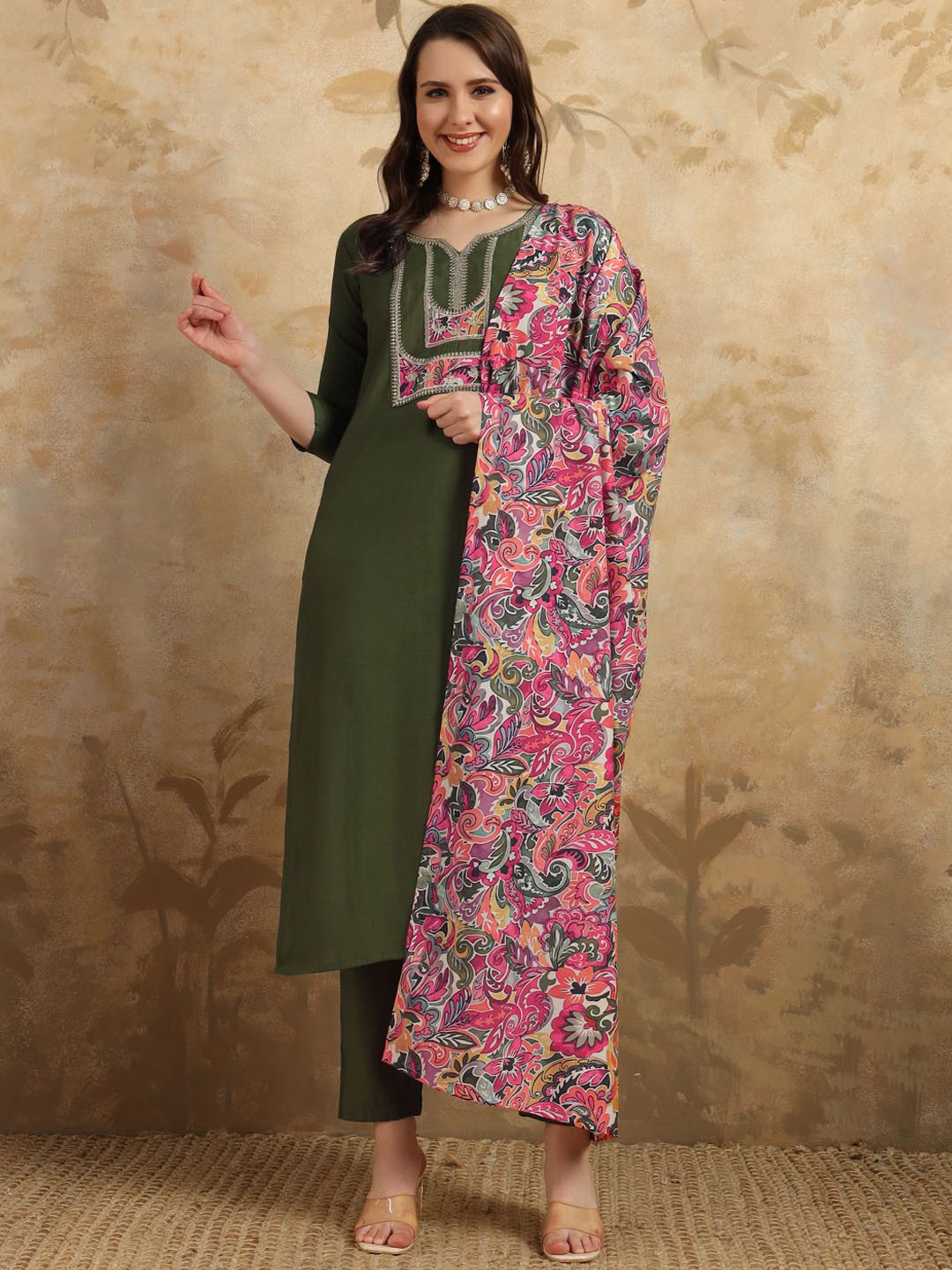 

Moda Rapido Green Floral Yoke Design Notch Neck Straight Kurta With Trousers And Dupatta