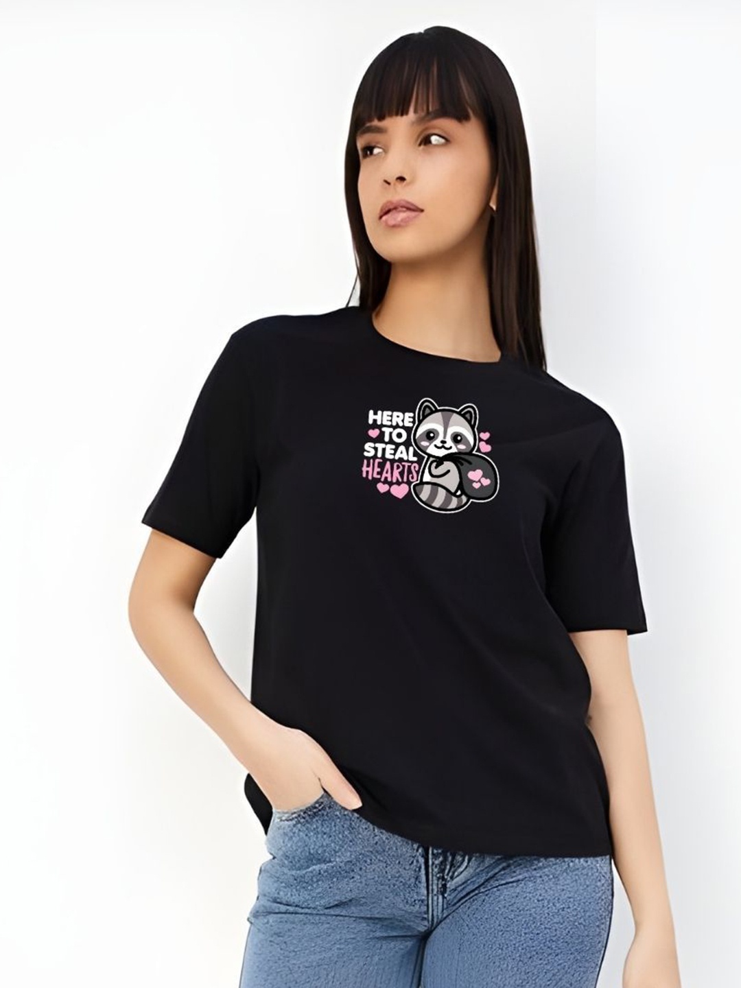 

DressBerry Women Graphic Printed Round Neck Cotton Boxy T-shirt, Black