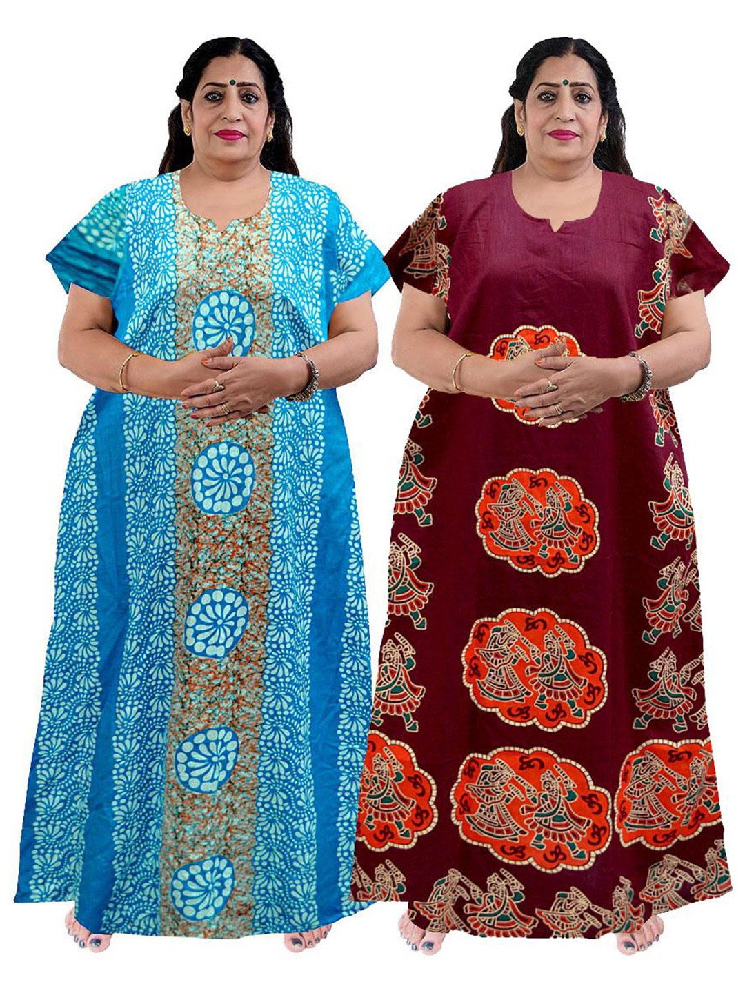 

PR PINK ROYAL Women Pack of 2 Plus Size Printed Kaftan Nightdress, Blue
