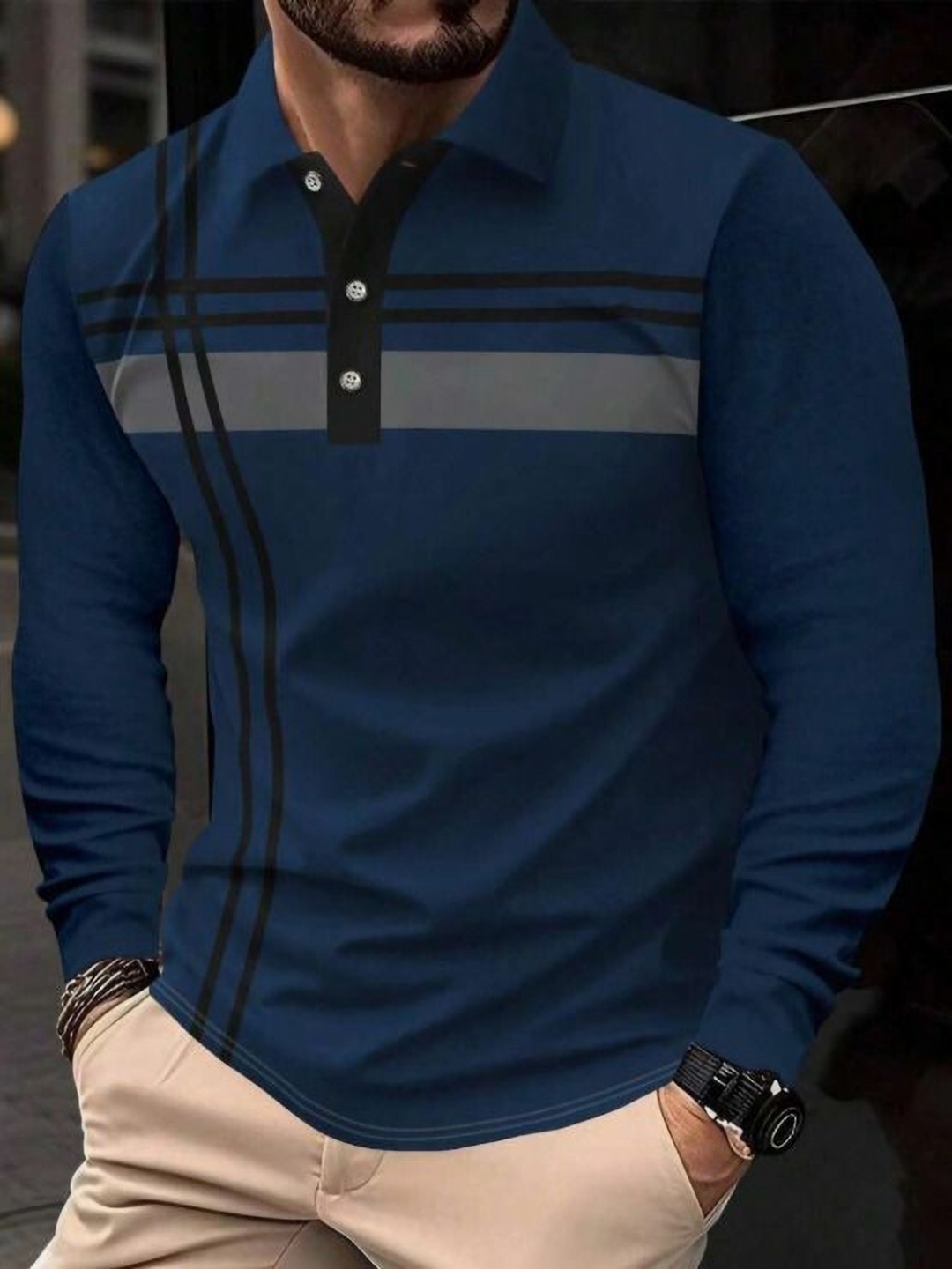

AVEJO Men Checked Polo Collar Cotton T-shirt, Navy blue