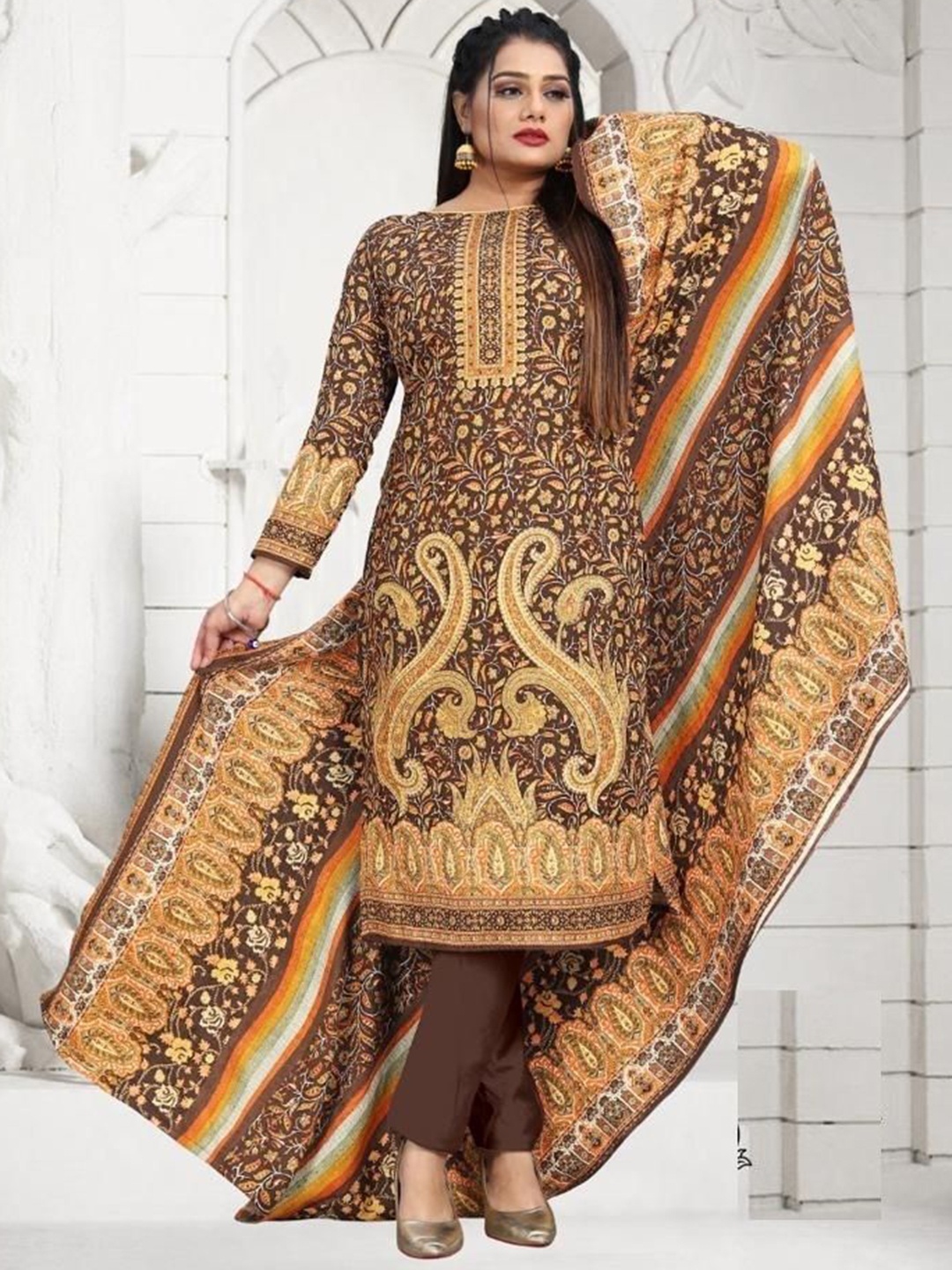 

REET MAHAL Paisley Printed Pashmina Unstitched Dress Material, Brown