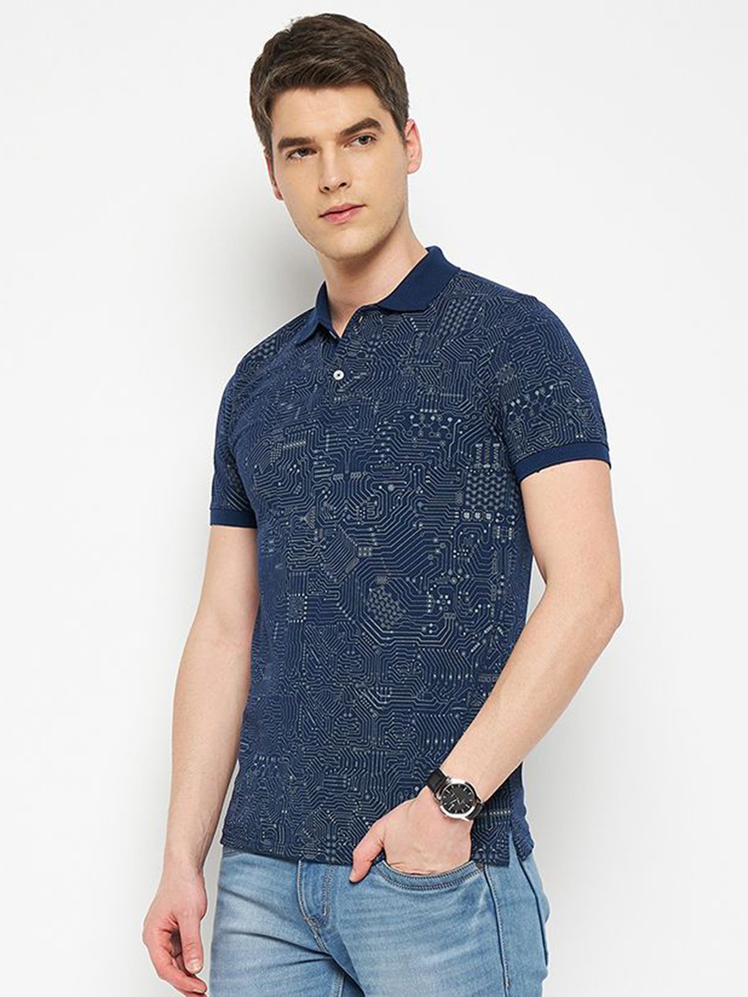 

RELANE Men Graphic Printed Polo Collar Cotton T-shirt, Navy blue