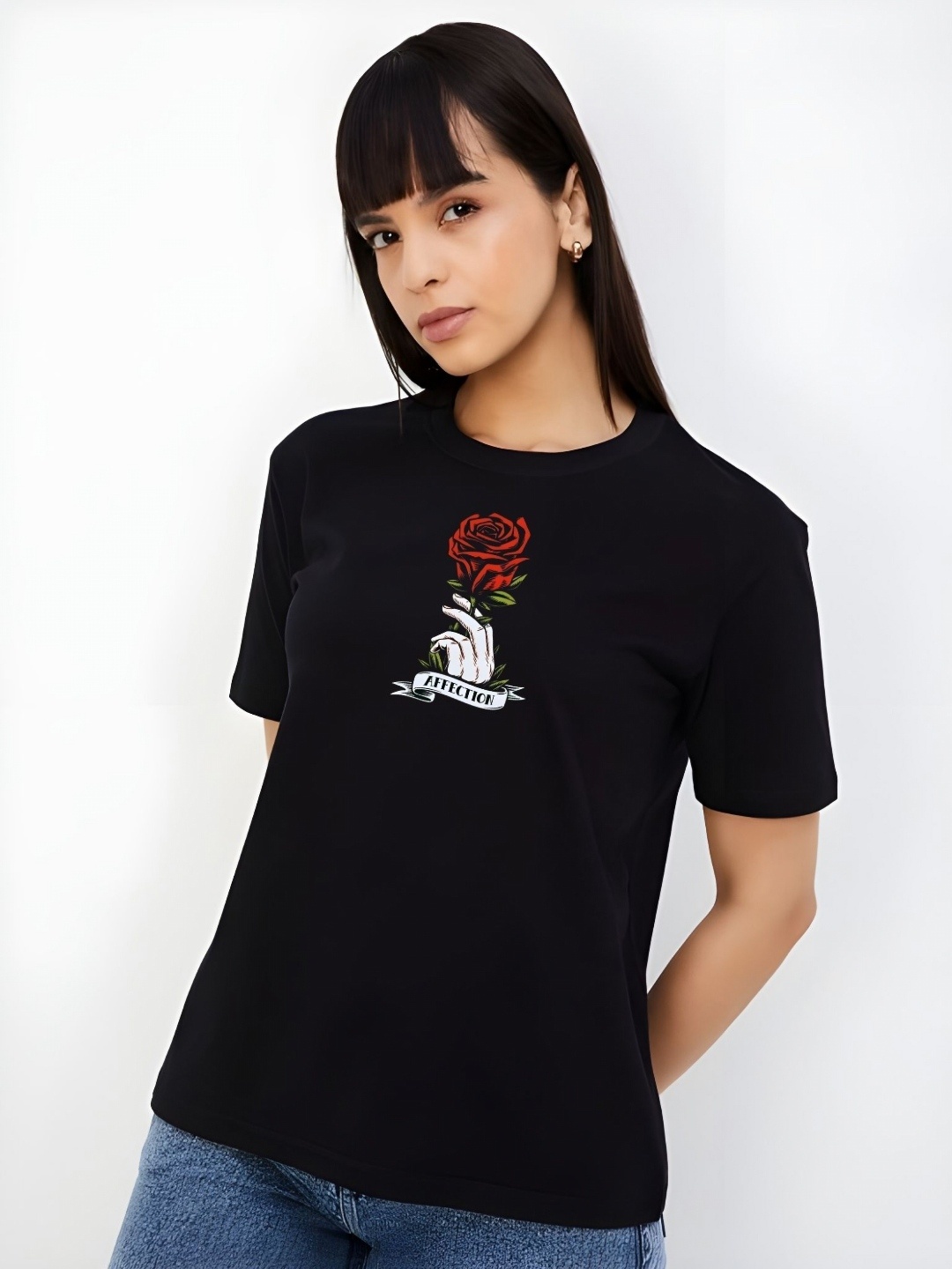 

DressBerry Women Graphic Printed Round Neck Cotton Boxy T-shirt, Black