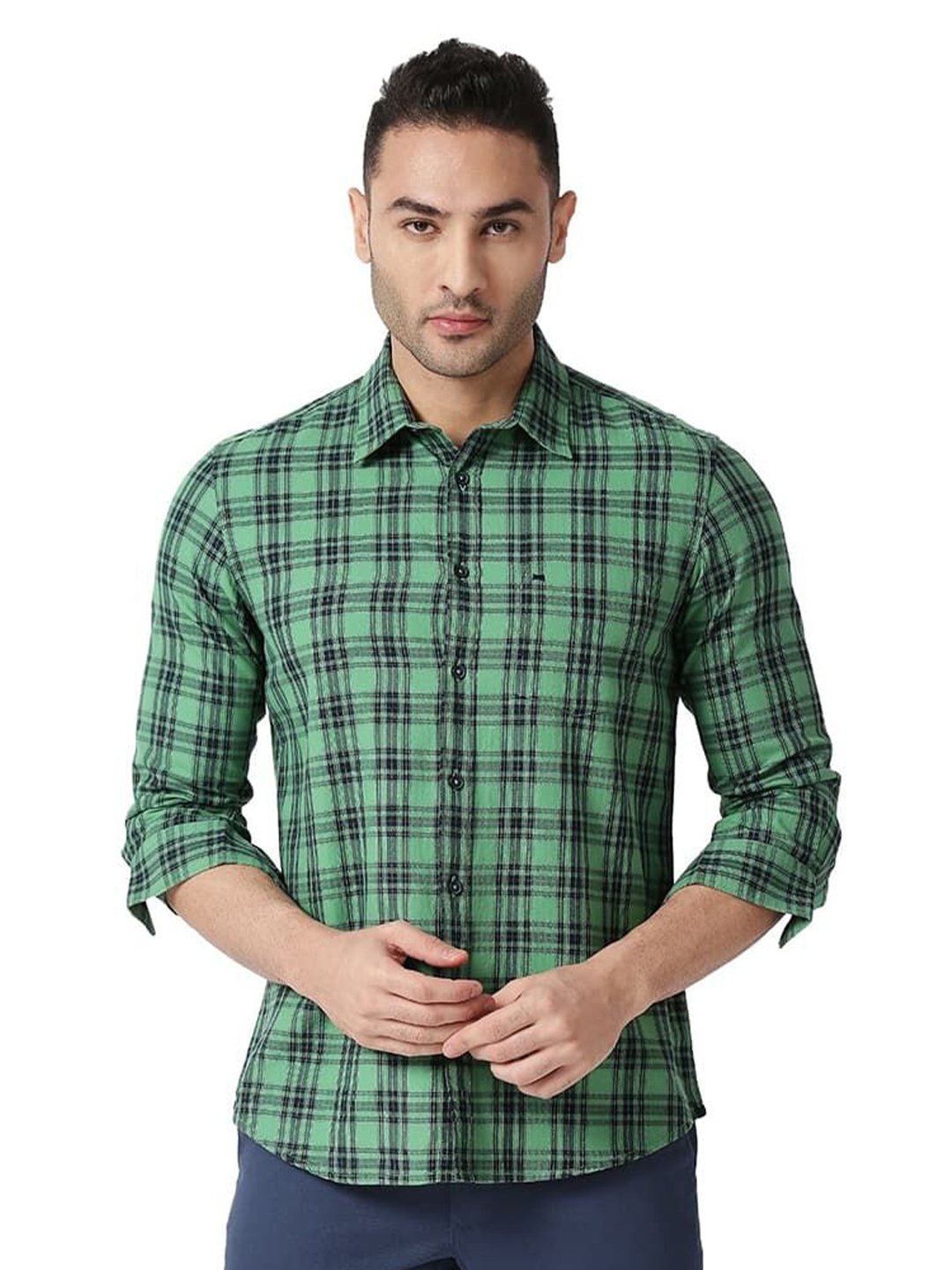 

Basics Men Relaxed Fit Spread Collar Tartan Checked Cotton Casual Shirt, Green