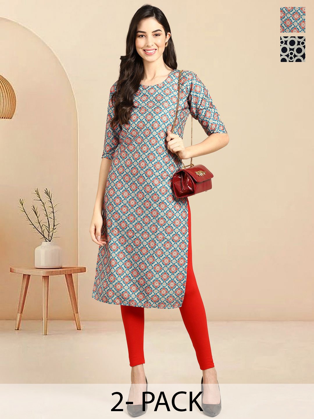 

Moda Rapido Set of 2 Geometric Printed Crepe Kurtas, Blue