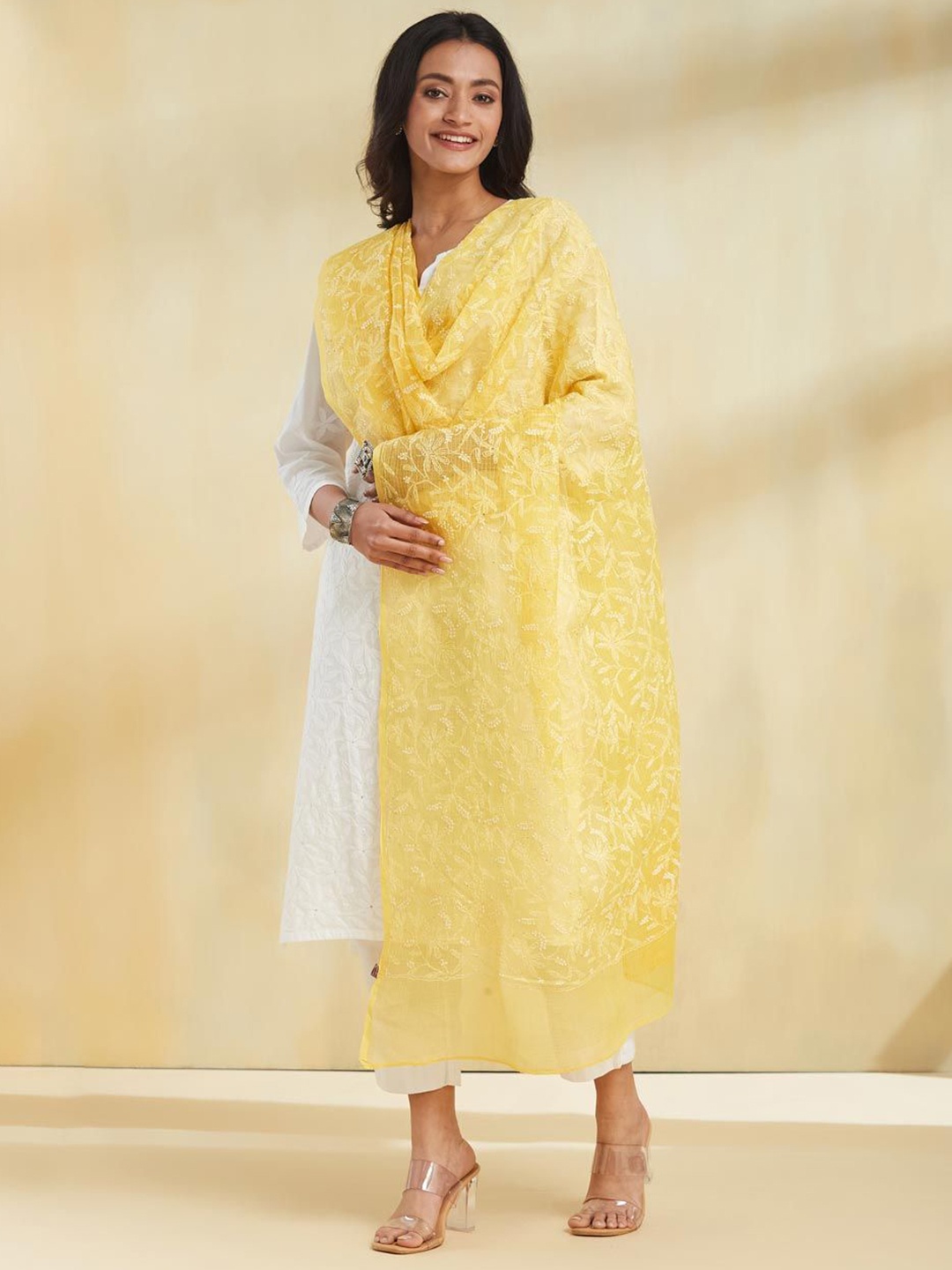 

Fabindia Floral Embroidered Cotton Silk Dupatta With Chikankari, Yellow