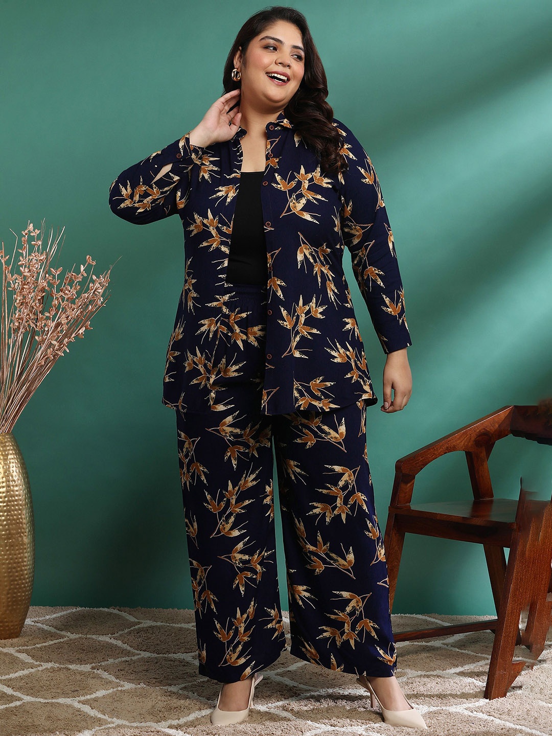 

KALINI Plus Size Printed Pure Cotton Shirt Collar Top And Palazzo, Navy blue