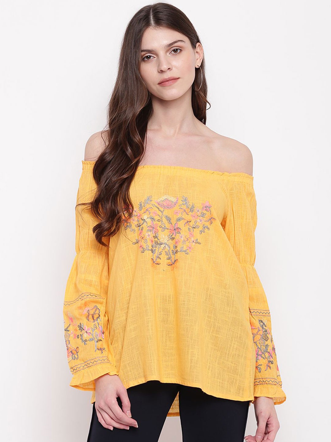 

DressBerry Women Floral Printed Off-Shoulder Cotton Top, Yellow