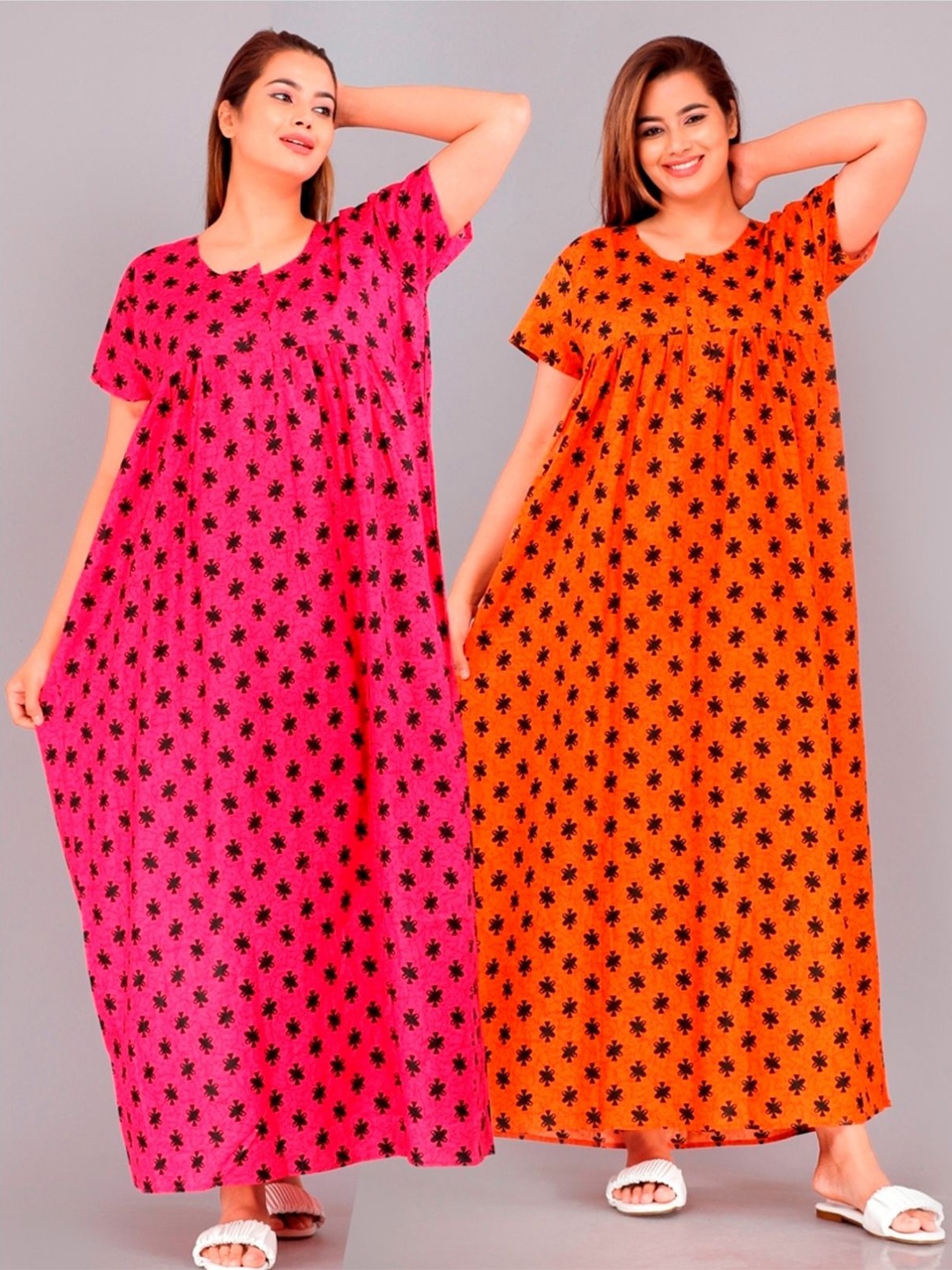 

PR PINK ROYAL Women Pack Of 2 Pure Cotton Printed Maxi Nightdress, Orange