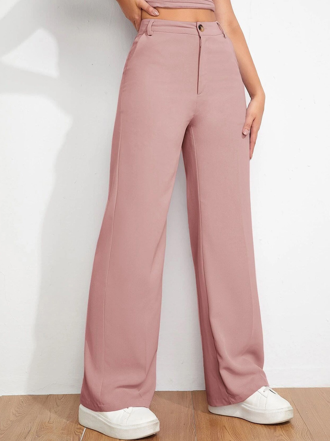 

FNOCKS Women Organic Cotton Relaxed Wide Leg Straight Fit High-Rise Trousers, Pink