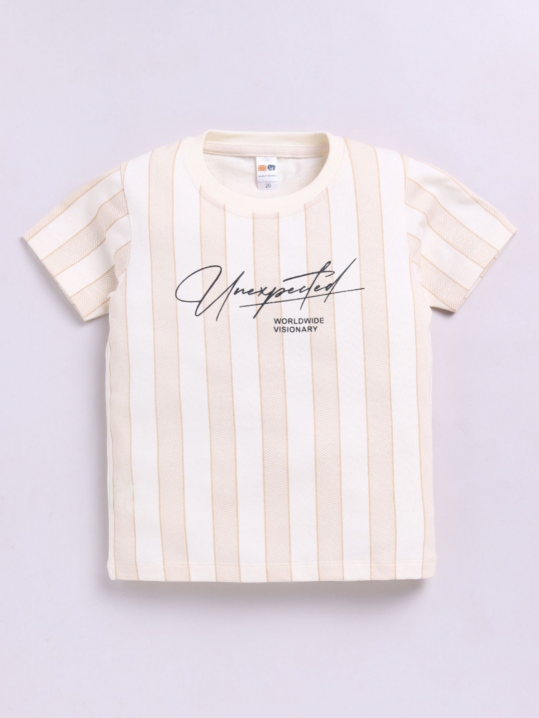 

LITTLE NINJA Boys Striped Round Neck Cotton T-shirt, Beige