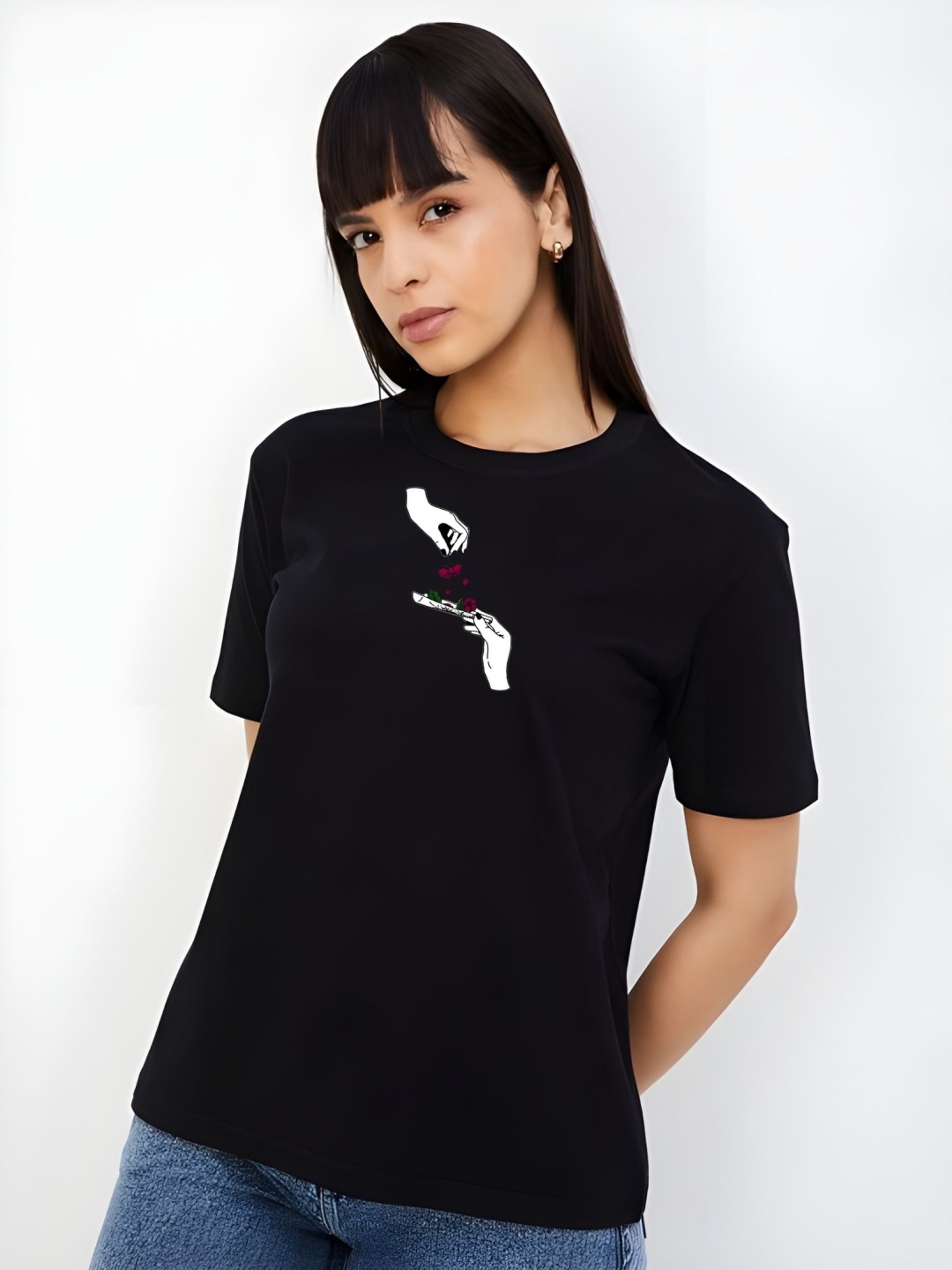 

TRENDSATTIRE Women Graphic Printed Round Neck Cotton T-shirt, Black