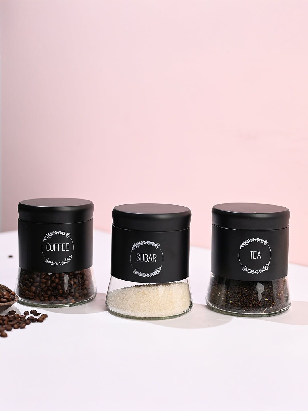 

MARKET99 Black & White 3 Pieces Printed Coffee, Tea & Sugar Glass Jar 600ml