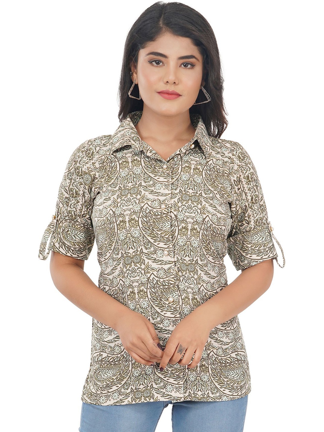 

Edla Women Spread Collar Floral Printed Cotton Casual Shirt, Beige